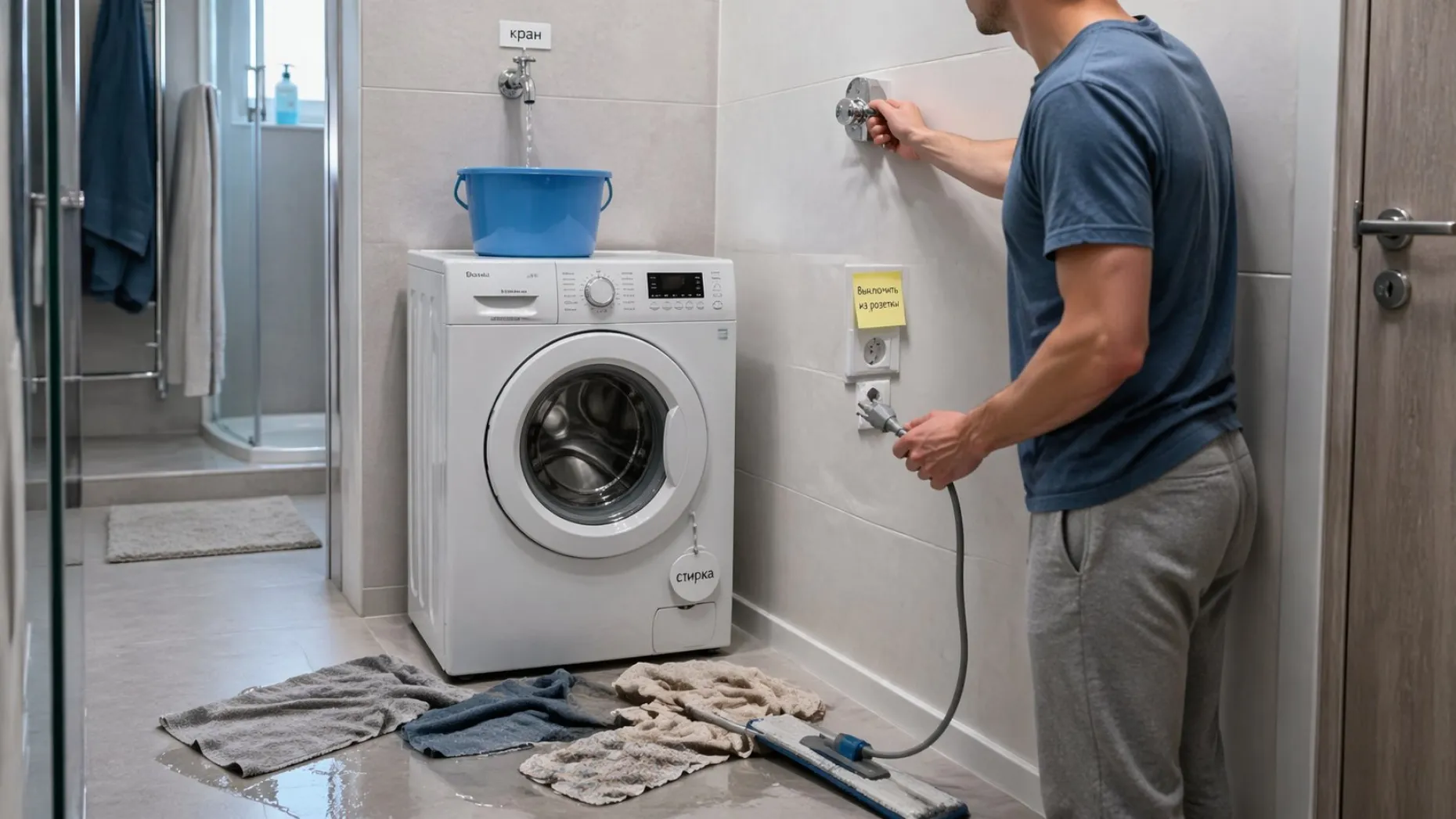 Современная небольшая ванная комната в спокойных светлых тонах, вид сбоку. В центре — стиральная машина, из-под отдельного крана-подводки над ней капает вода в поставленное под