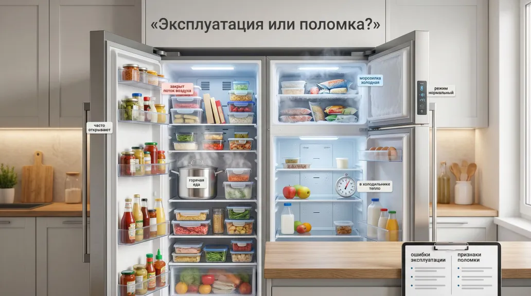 Горизонтальное изображение: вид спереди на открытый двухкамерный холодильник в современной кухне. Сцена разделена на два визуальных слоя: слева — «ошибки эксплуатации», справа —