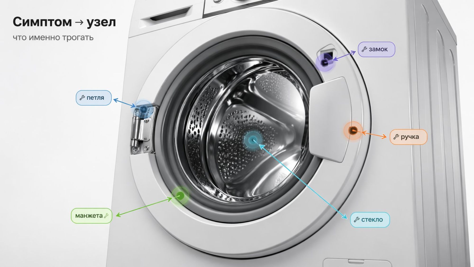Изометрическая стиральная машина крупным планом, дверца-люк в центре композиции. Вокруг люка по кругу расположены небольшие подписанные зоны, каждая подсвечена своим цветом и