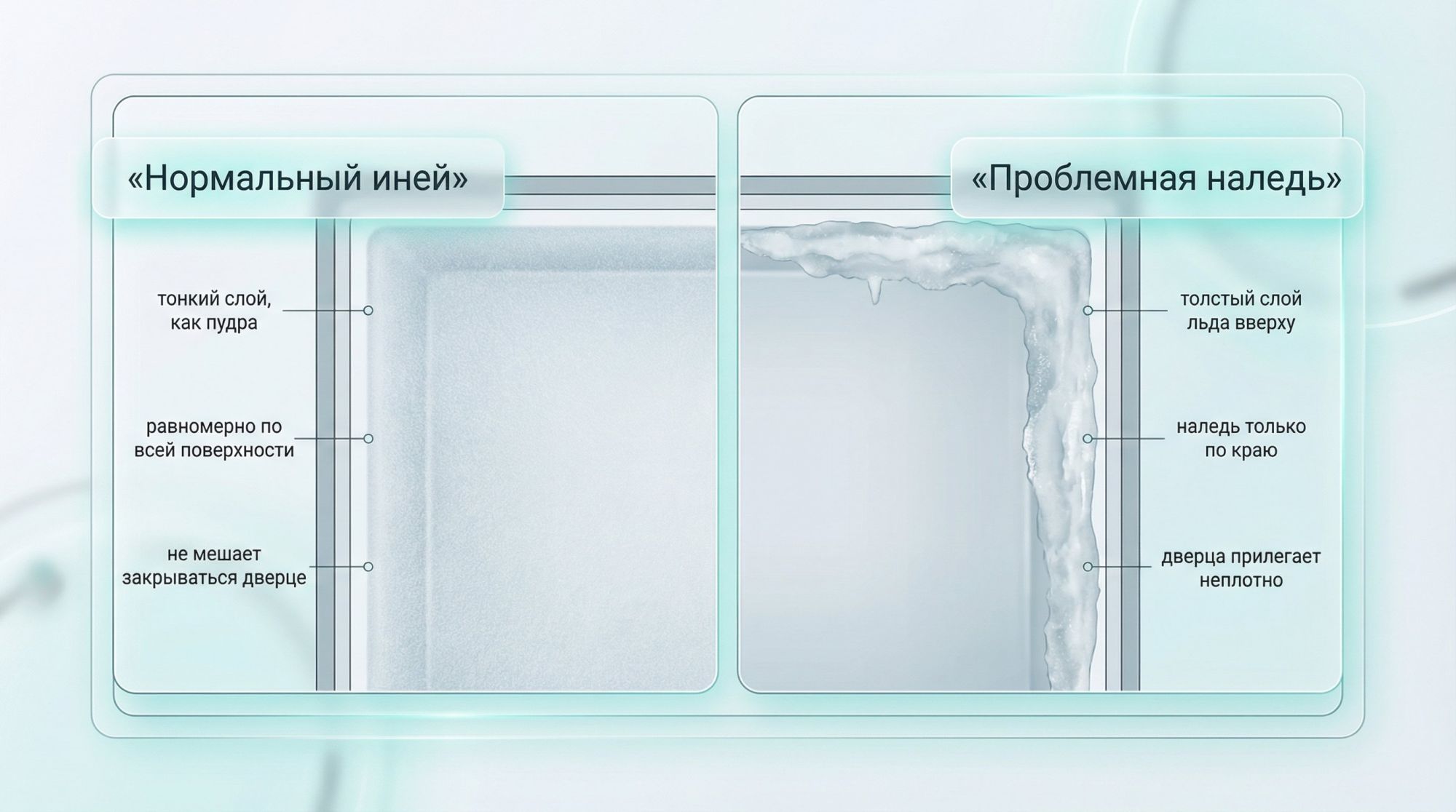 Горизонтальная картинка, разделённая пополам на два состояния морозильной камеры. Слева крупный вид внутренней стенки морозилки с ровным, очень тонким инем, похожим на сахарную