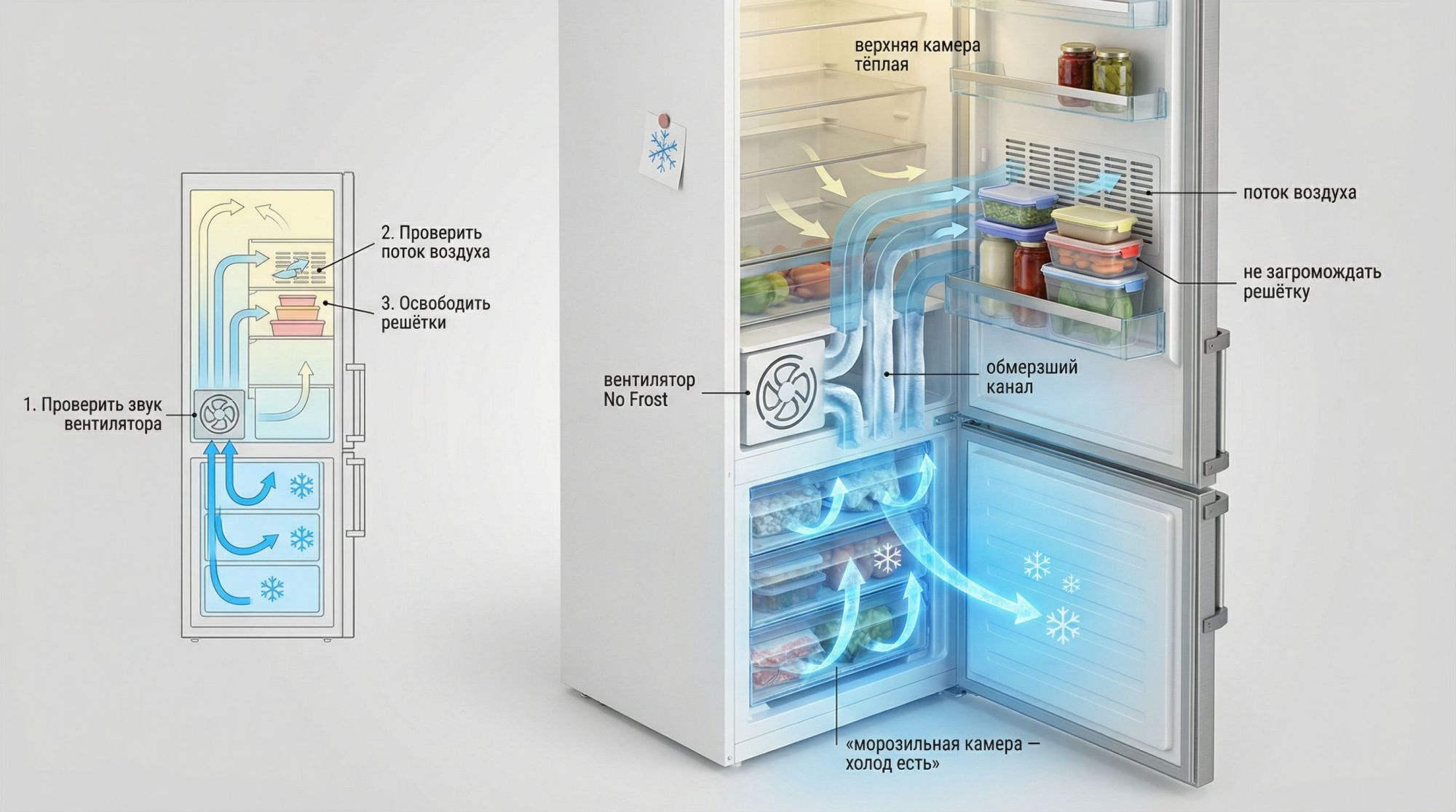 Современная, аккуратная изометрическая сцена холодильника с системой No Frost в разрезе. Справа показан двухкамерный холодильник в разрезе: снизу морозильная камера с ярко-синим