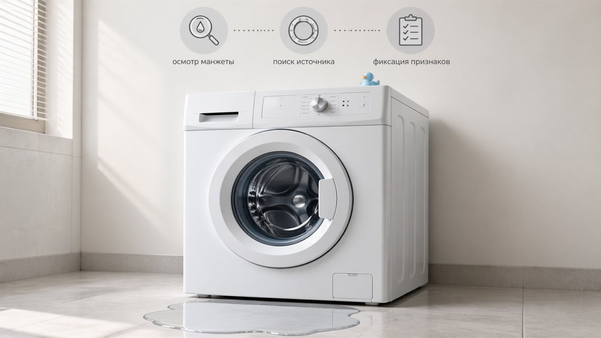 Современная стиральная машина в ванной, вид спереди в легкой перспективе. Машина стоит на сухом ровном полу, вокруг нет лишних предметов. На полу прямо у дверцы показана небольшая
