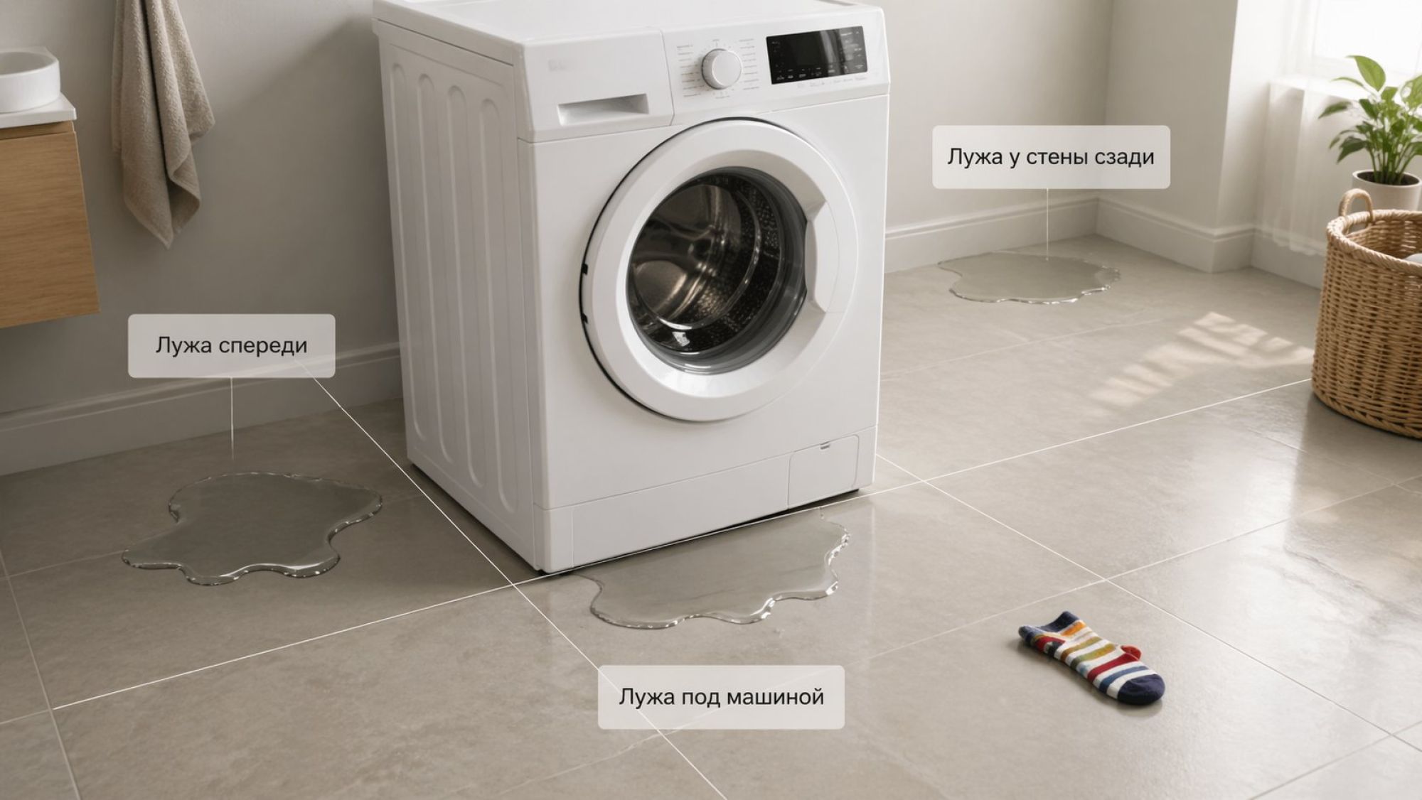 Современная стиральная машина в ванной комнате, вид немного сверху, чтобы было видно пол вокруг. Пол условно разделён на четыре зоны с легкой прозрачной разметкой и подписями