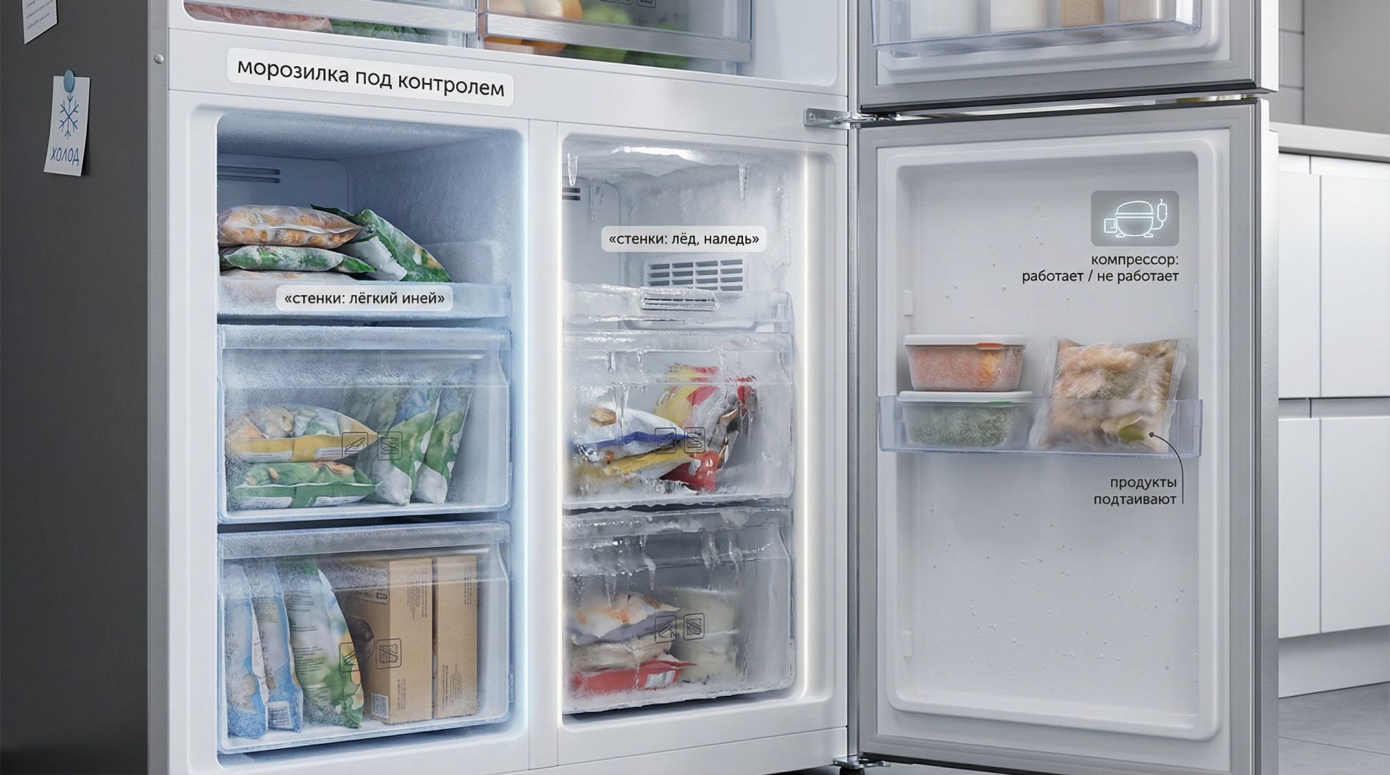 Горизонтальная сцена: открытая морозильная камера двухкамерного холодильника на уровне пояса, вид чуть сбоку. Холодильная камера сверху почти не видна, акцент на морозилке. Внутри