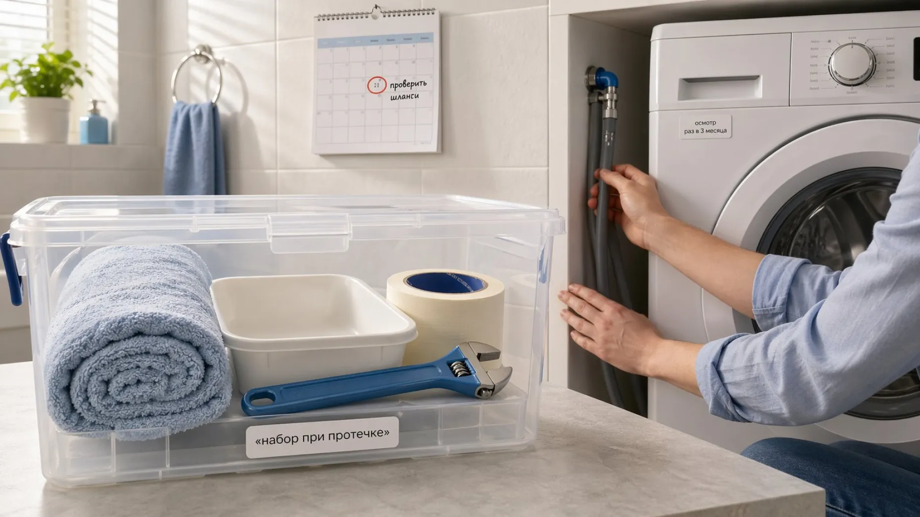 Современная светлая ванная, справа стоит стиральная машина в нише. На переднем плане слева — аккуратный «мини-набор на случай протечки» в прозрачном пластиковом ящике: внутри