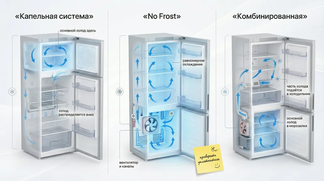 Чистая, слегка изометрическая схема двухкамерного холодильника, разделённая на три вертикальные зоны с крупными подписями сверху: слева «Капельная система», по центру «No Frost»