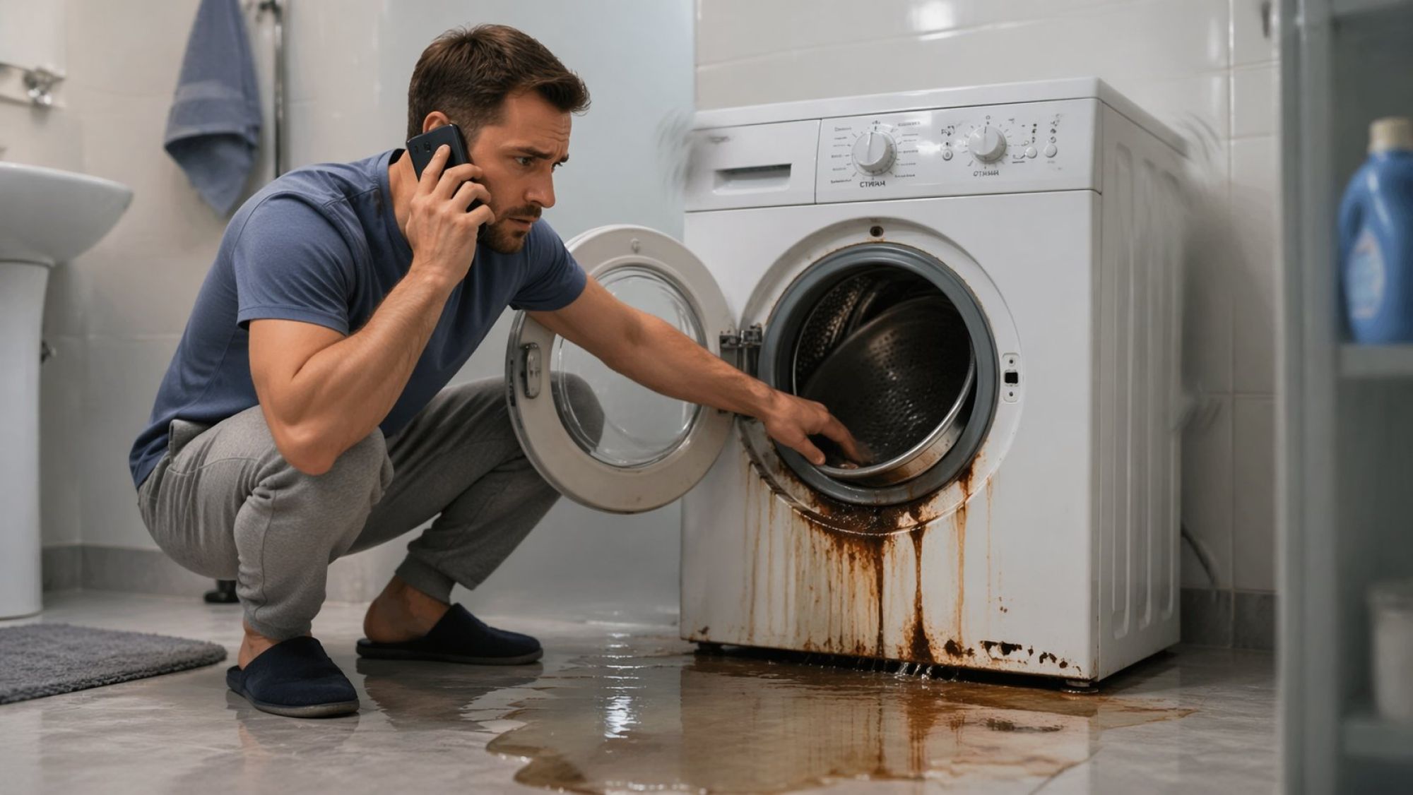 Горизонтальная сцена: на полу в ванной стоит стиральная машина, под центром корпуса заметная лужа воды с ржавыми разводами. На переднем плане хозяин дома в полуприседе, одной