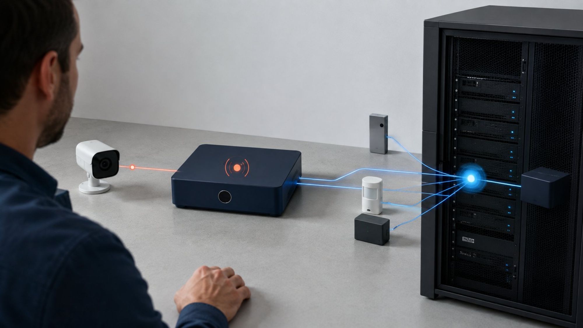 Плоская product-style иллюстрация без надписей: слева компактная IP-камера на светлой карточке формирует небольшой красный событийный маркер; в центре сетевой регистратор