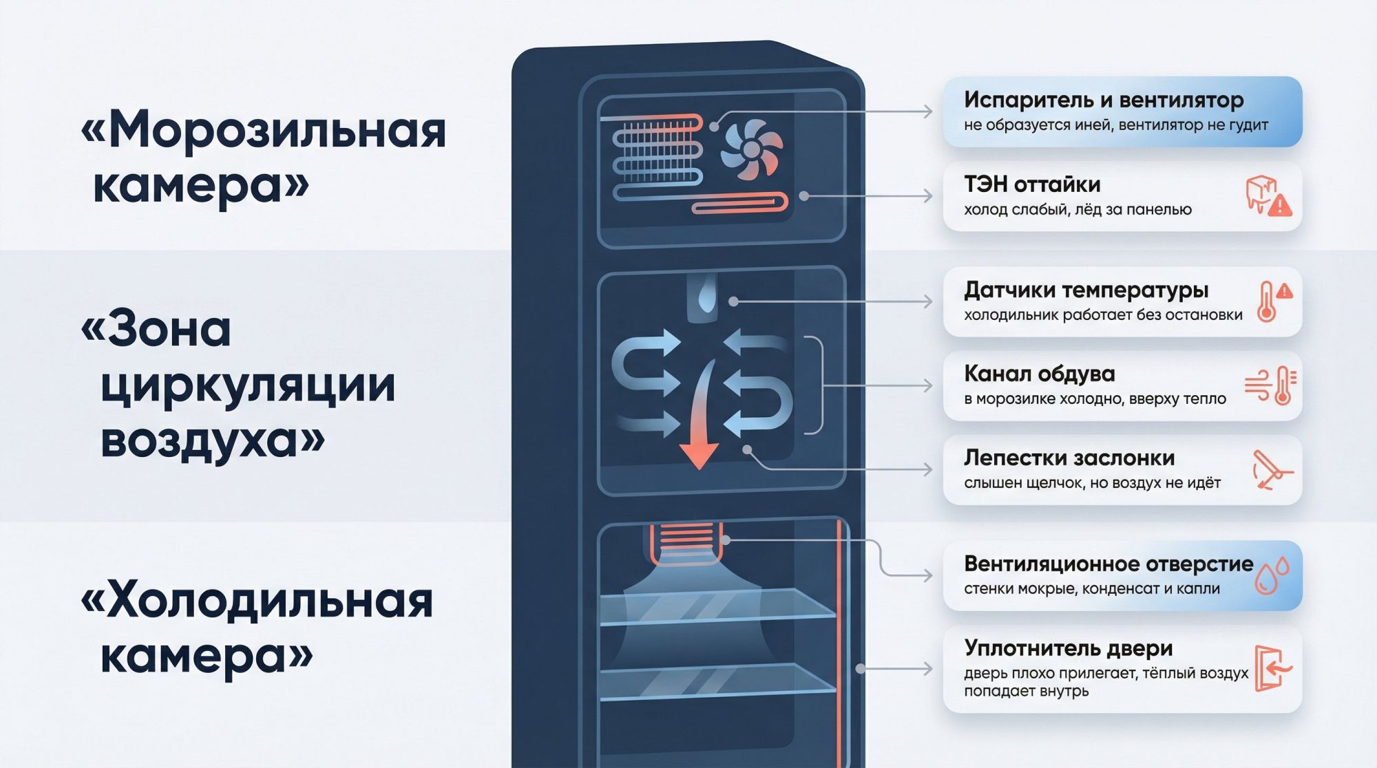 Плоская схема «анатомия No Frost холодильника» в виде вертикального блока, разбитого на три горизонтальные зоны: «Морозильная камера», «Зона циркуляции воздуха» и «Холодильная