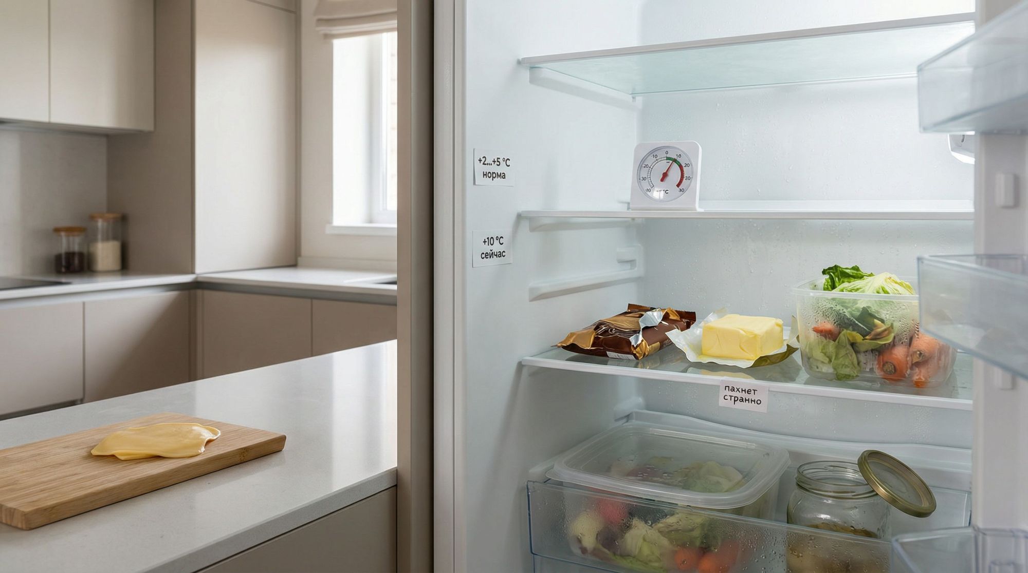 Интерьер кухонного уголка в современном минималистичном стиле, в центре — белый холодильник крупным планом, дверь приоткрыта. Внутри видно несколько полок с продуктами: на