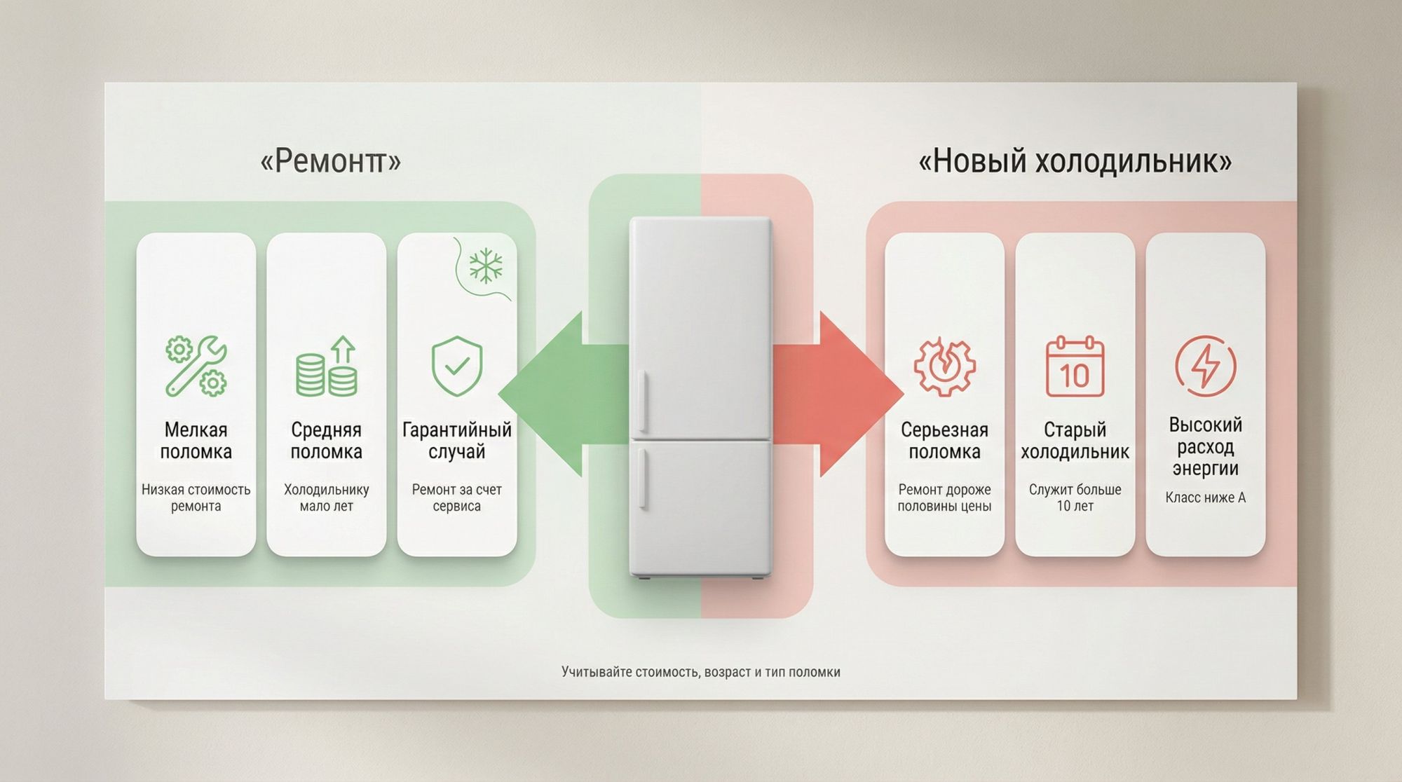 Инфографика в современном минималистичном стиле: по центру крупная иконка холодильника, вокруг которого расходятся две большие стрелки в стороны. Левая часть листа подсвечена