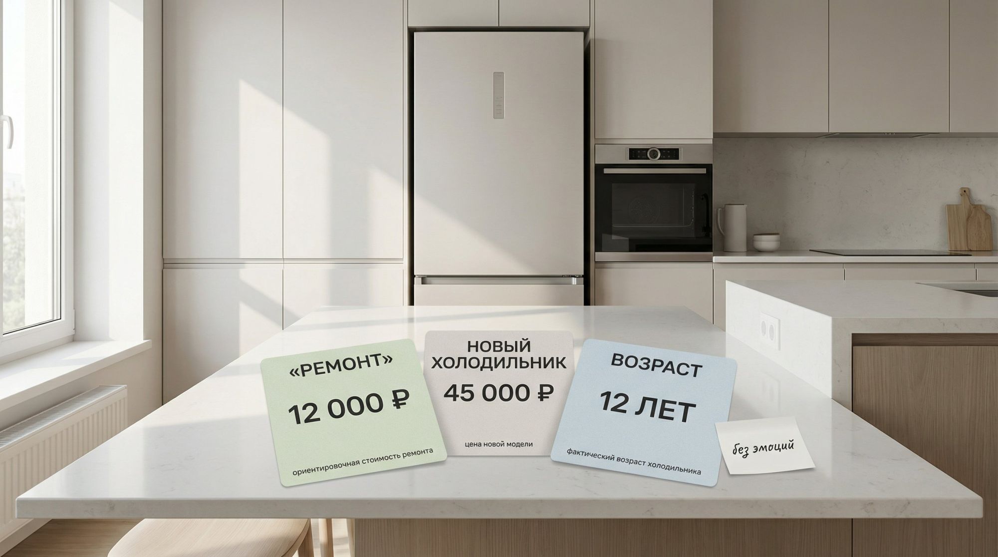 Современная минималистичная кухня в спокойных тонах. В центре стоит холодильник нейтрального цвета, перед ним на столешнице разложены три крупные карточки, чуть «веером». На