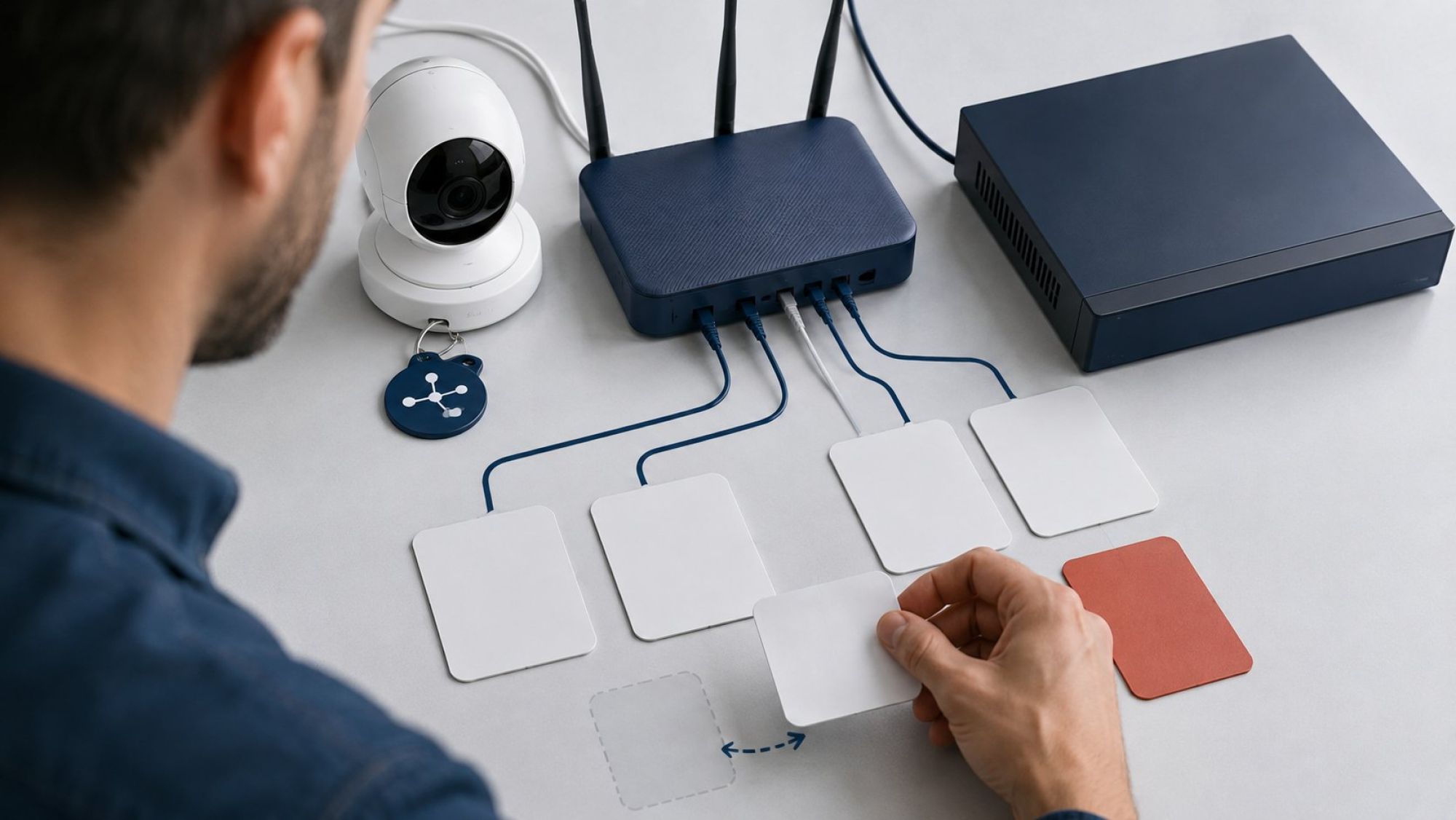 Камера получила другой IP-адрес: DHCP, статическая запись и конфликт адресов Чистая flat UI-сцена на светлом холодном фоне: IP-камера, роутер и регистратор показаны как аккуратные 3D/плоские сетевые устройства, соединенные тонкими линиями. Рядом с камерой