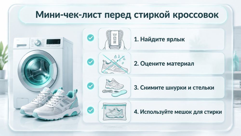 Вертикальная инфографика-чек-лист из четырёх шагов с иконками кроссовок, рядом стиральная машина. Вверху заголовок: «Мини-чек-лист перед стиркой кроссовок». Блок 1: слева