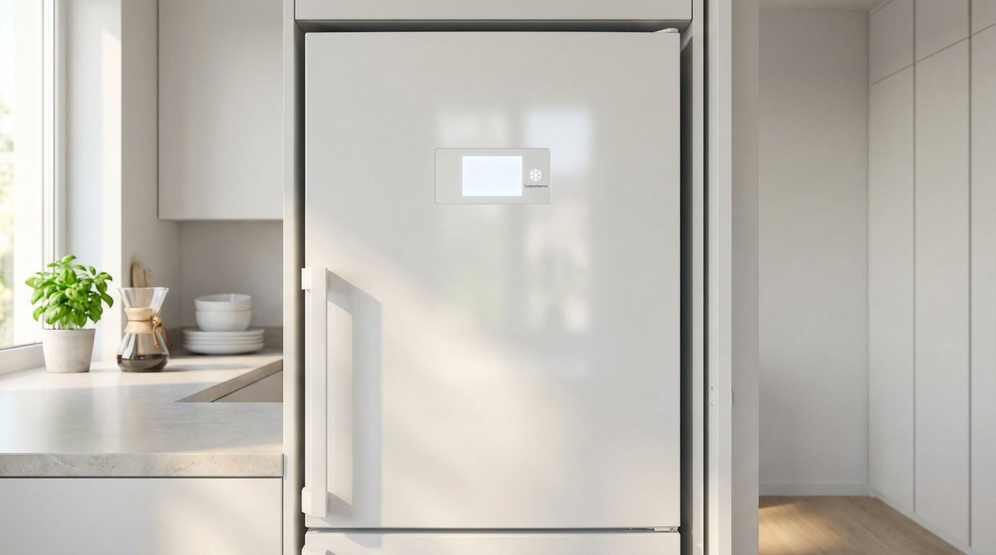 Современная светлая кухня в нейтральных тонах. В центре композиции — высокий белый холодильник крупным планом, дверца закрыта, на верхней части виден небольшой электронный дисплей