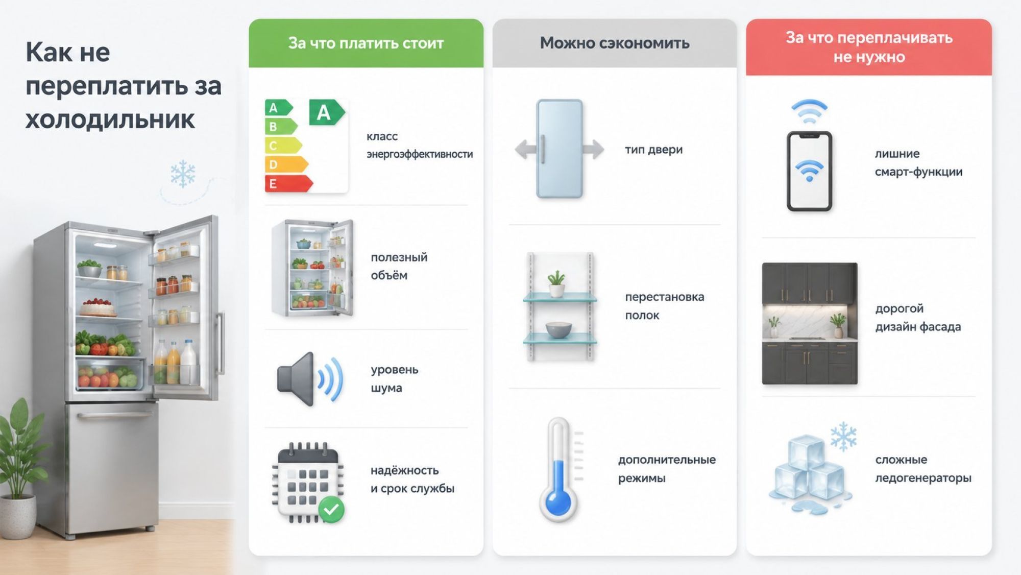 Современная чистая инфографика в горизонтальном формате: слева крупный заголовок надписью на светлом фоне "Как не переплатить за холодильник". Под заголовком — три вертикальные