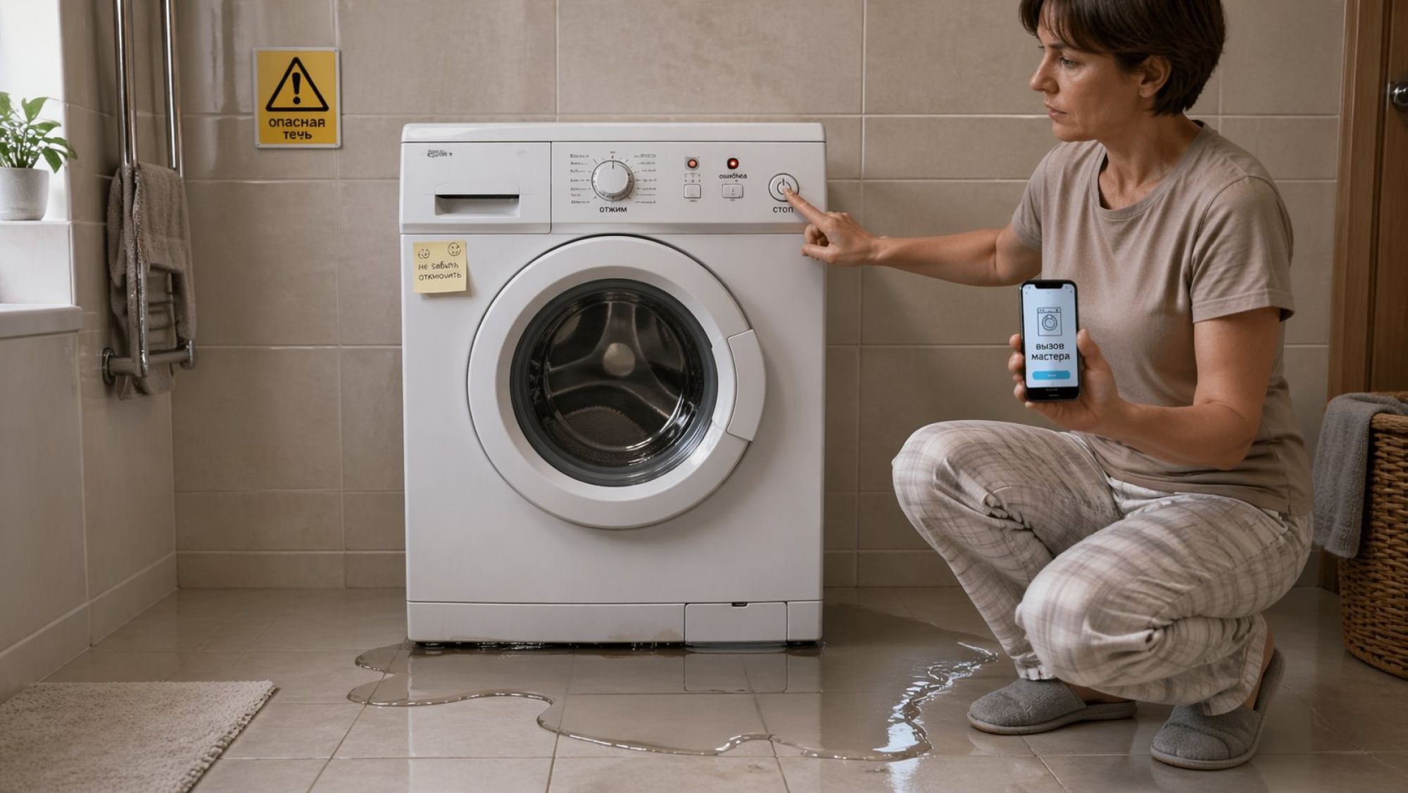 Современная ванная комната в нейтральных тонах, в центре — стиральная машина, вокруг которой на полу заметная лужа воды. На передней панели машины горит индикатор ошибки красным