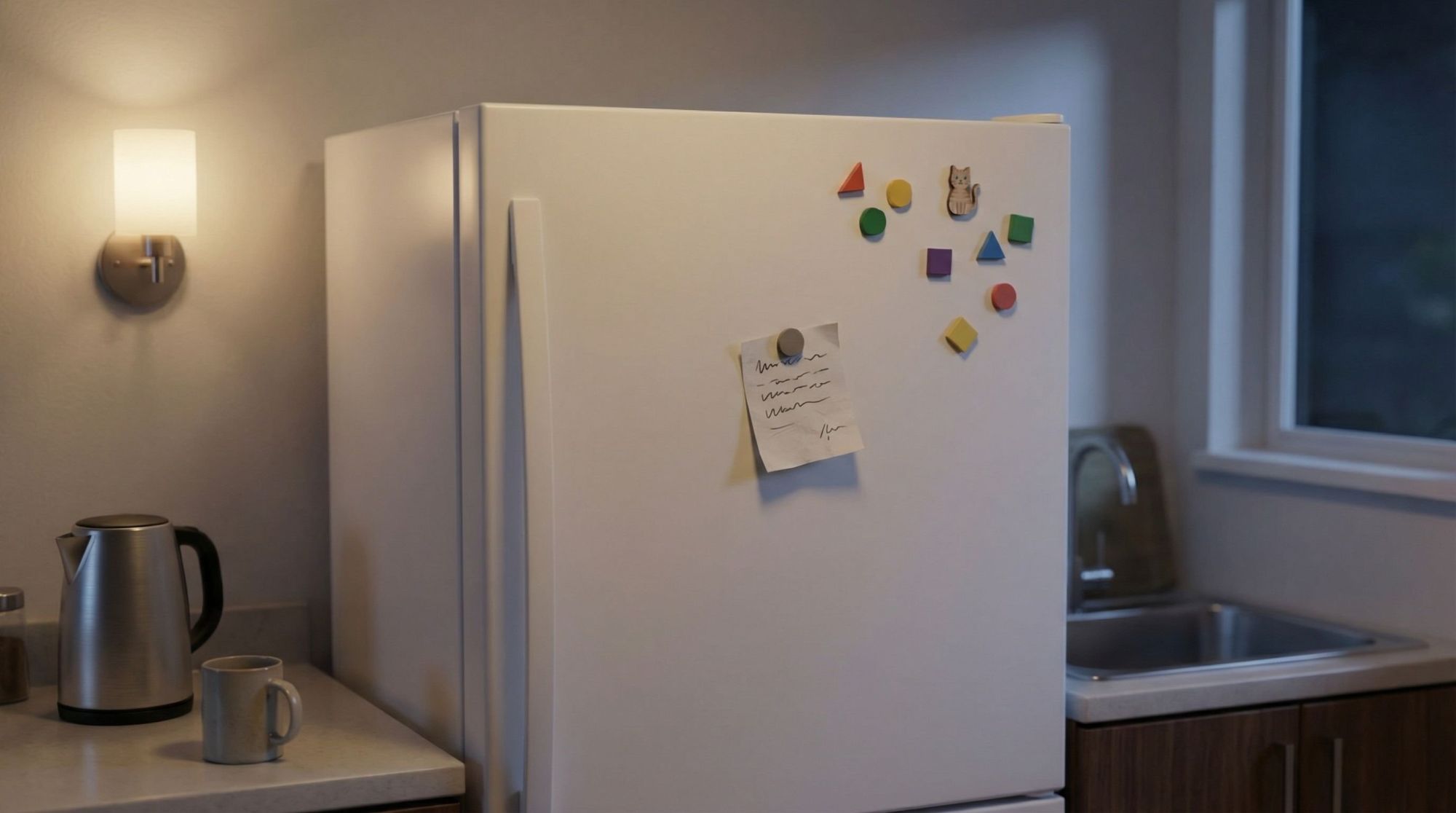 Небольшая уютная кухня вечером, общий современный минималистичный интерьер. В центре композиции — стандартный белый холодильник, дверь закрыта, на нем несколько магнитов и один