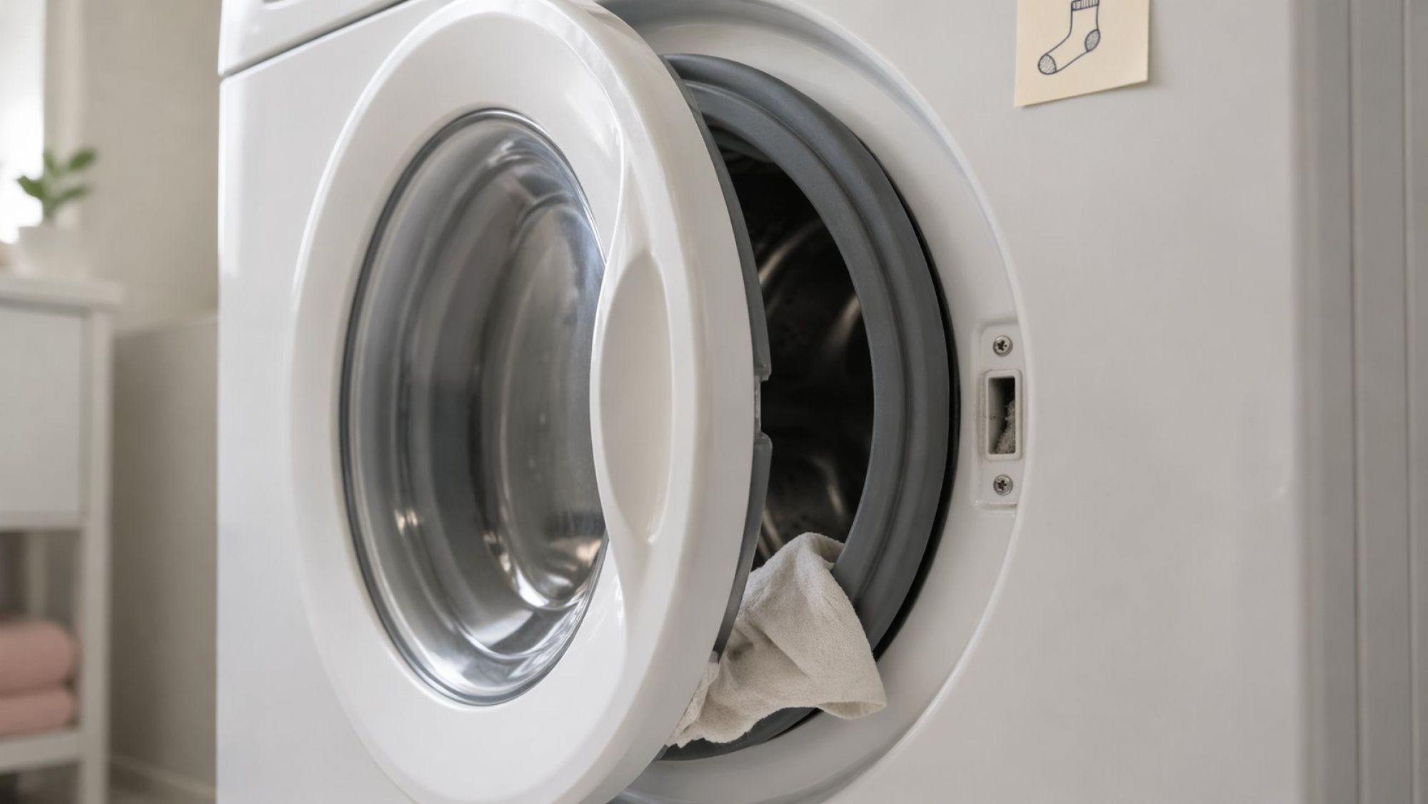 Крупный, почти во весь кадр, вид сбоку на люк фронтальной стиральной машины в полуоткрытом положении. Хорошо виден зазор между пластиком дверцы и корпусом: справа щель заметно