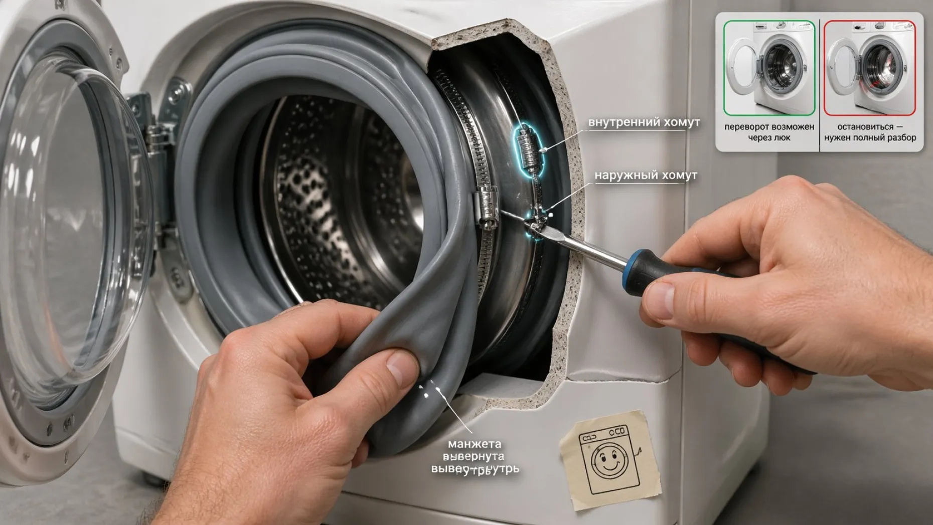 Полустороновый вид фронтальной стиральной машины с открытым люком, показанной в разрезе, чтобы были видны бак, манжета и два хомута. На переднем плане — руки хозяина: левая рука