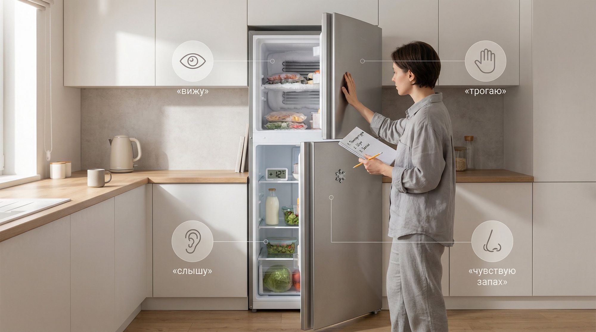 Небольшая современная кухня в спокойных тонах, в центре — стандартный двухкамерный холодильник в полный рост, дверцы чуть приоткрыты. Перед ним стоит человек в домашней одежде с