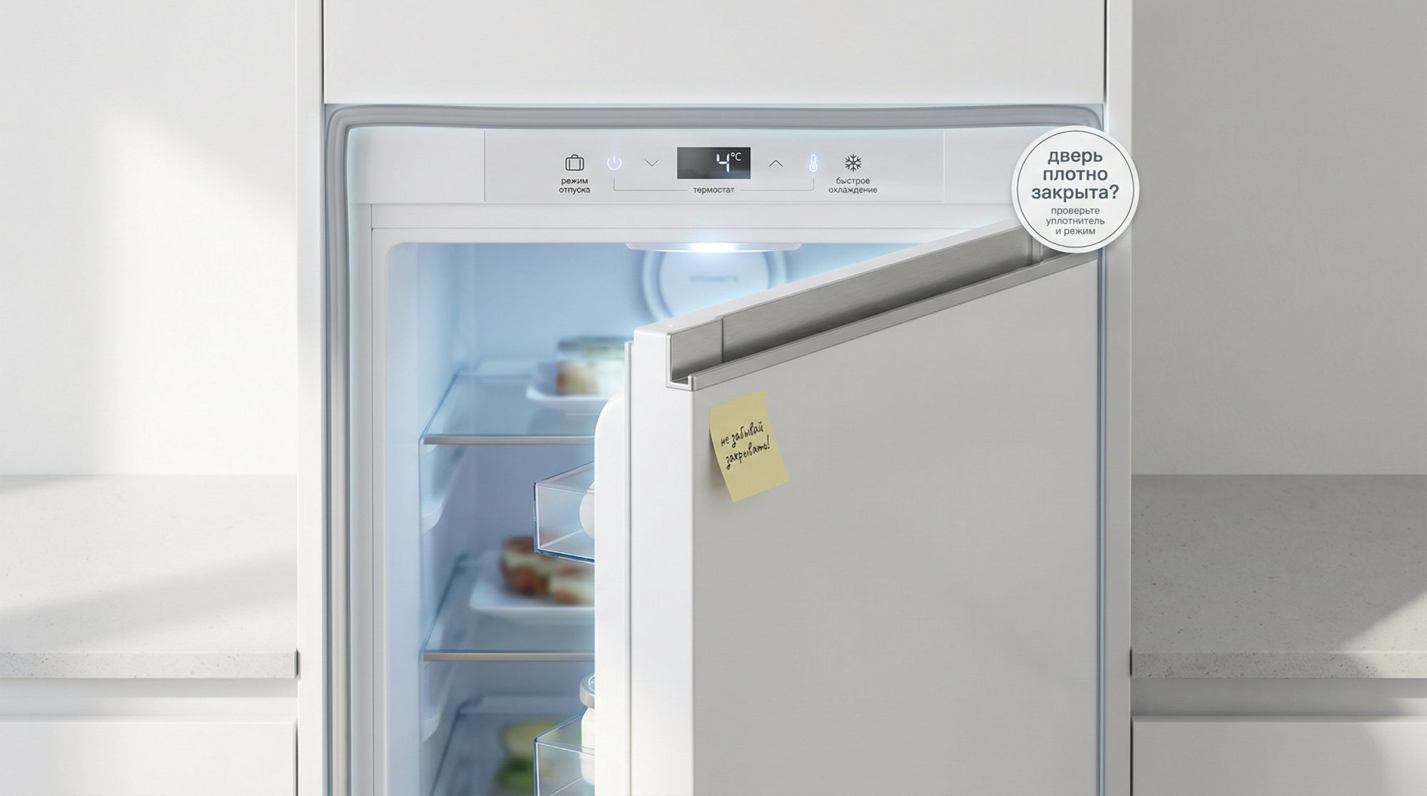 Современный холодильник в светлой кухне показан крупным планом, фронтально. Дверь холодильной камеры приоткрыта примерно на 20–30 градусов. На верхней кромке корпуса и по