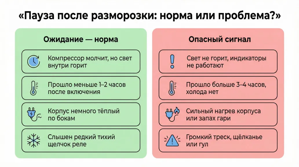 Инфографика в виде вертикального чек‑листа, разделённого на две колонки: слева зелёная колонка «Ожидание — норма», справа красная колонка «Опасный сигнал». Вверху заголовок по