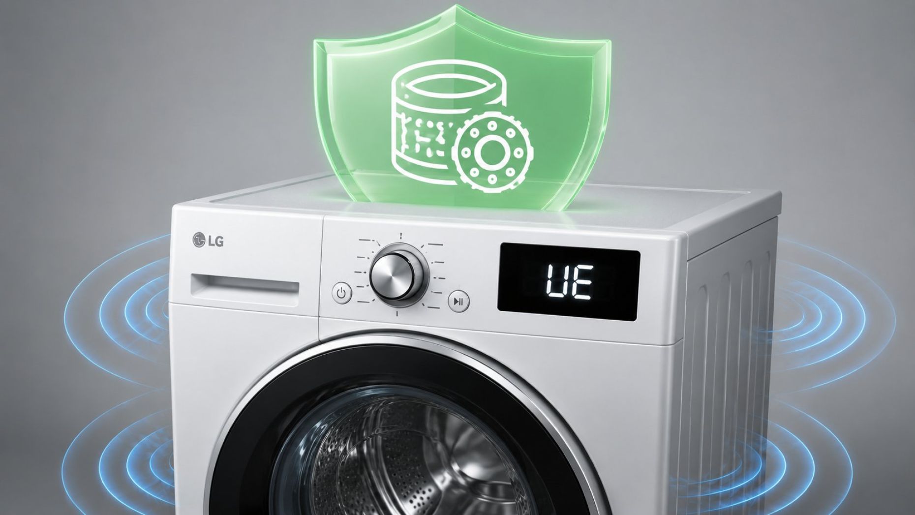 Смысл UE Современная стиральная машина LG в три четверти, на передней панели крупно светится код «UE» на простом прямоугольном дисплее. Вокруг машины схематичные мягкие вибрационные волны