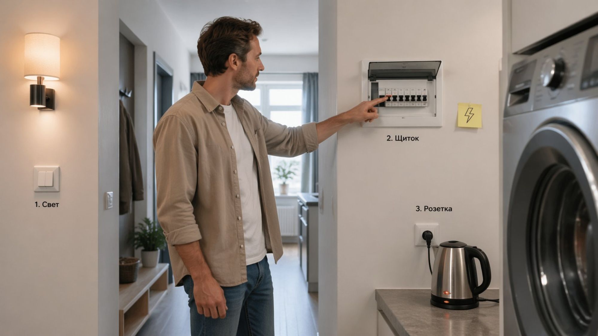 Крупный план участка стены с двойной розеткой и подключёнными в неё вилками. Левая розетка занята вилкой стиральной машины с повреждениями: пластик вокруг штырей потемневший и