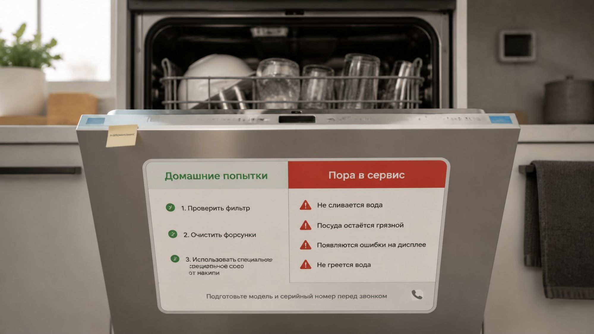 Современная кухня в нейтральных тонах, на переднем плане посудомоечная машина с приоткрытой дверцей. На внутренней стороне двери крупный стикер‑памятка, визуально разделённый на