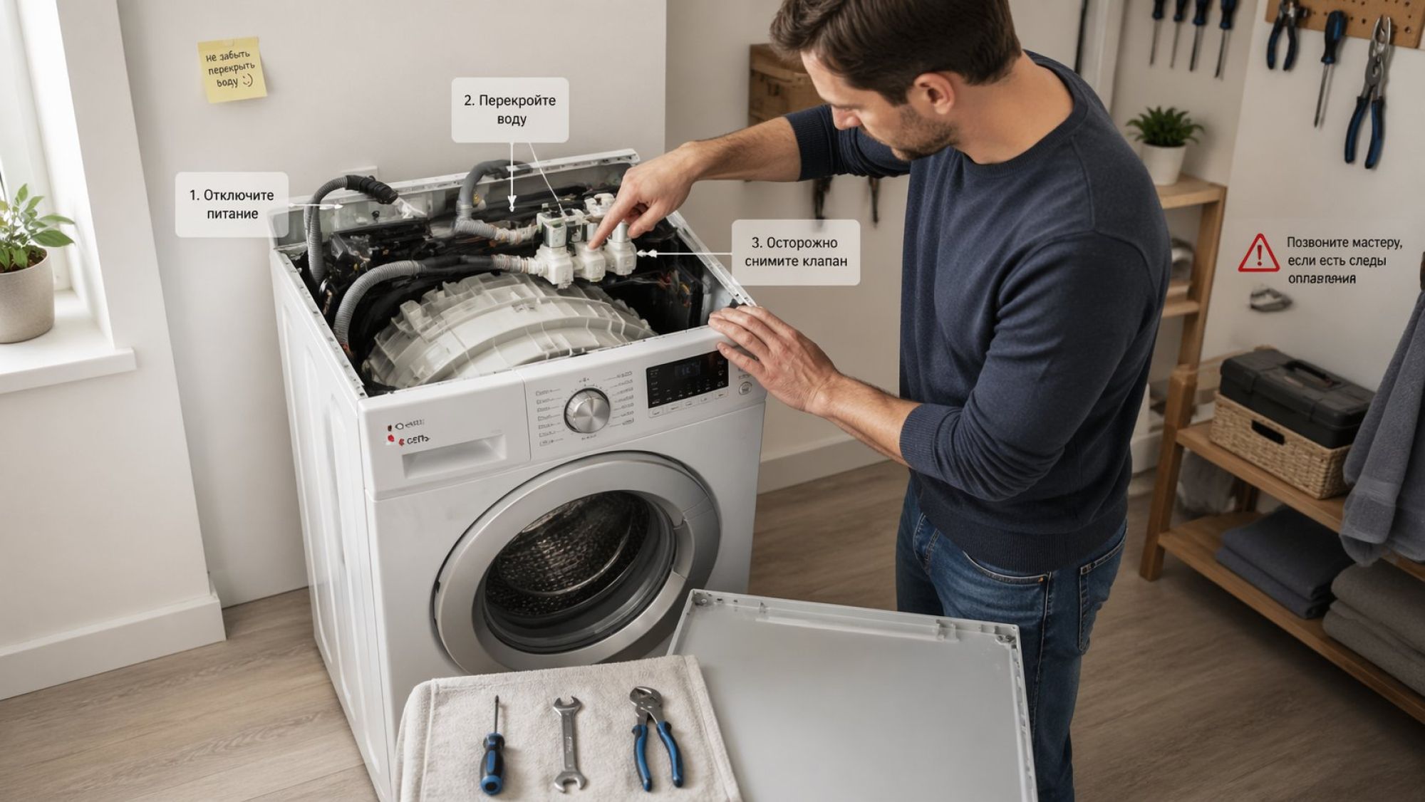 Полуобщий план: пользователь в аккуратной мастерской или ванной комнате стоит сбоку от выдвинутой из ниши фронтальной стиральной машины. Верхняя крышка машины снята и лежит рядом