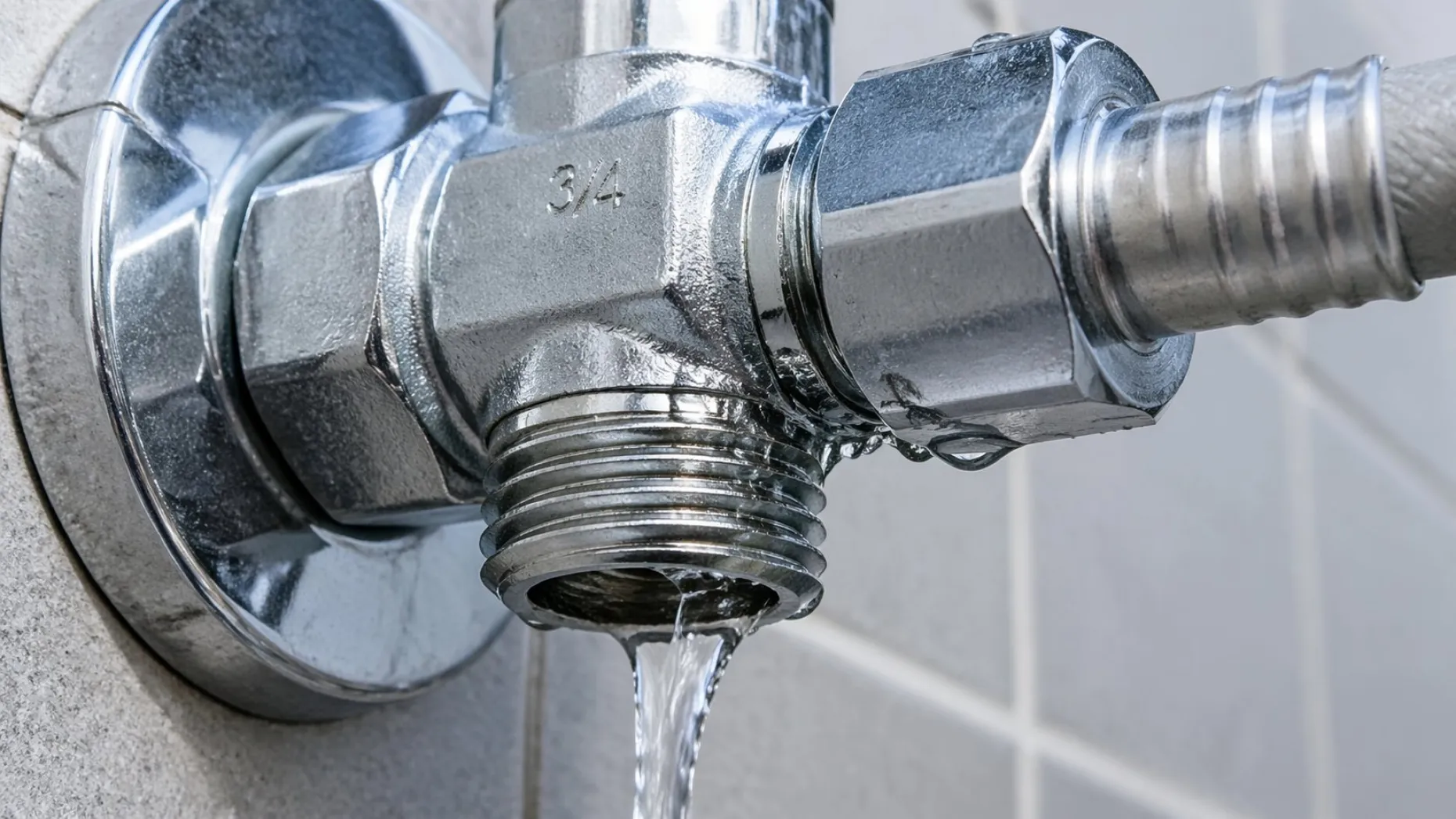 Крупный реалистичный крупный план резьбового соединения подводки стиральной машины: металлический фитинг на трубе, на него накручен кран и накидная гайка шланга. Видно, что по