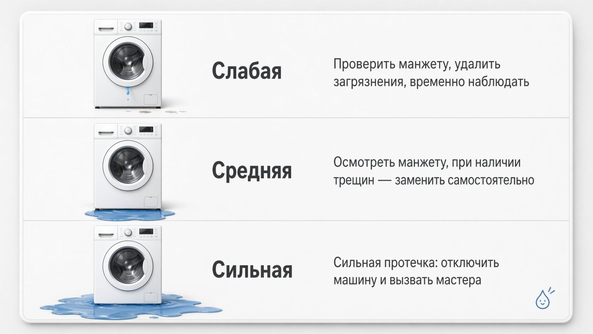 Инфографика в виде вертикальной таблицы на светлом фоне с тремя крупными строками: «Слабая», «Средняя», «Сильная». Слева в каждой строке минималистичная иконка стиральной машины