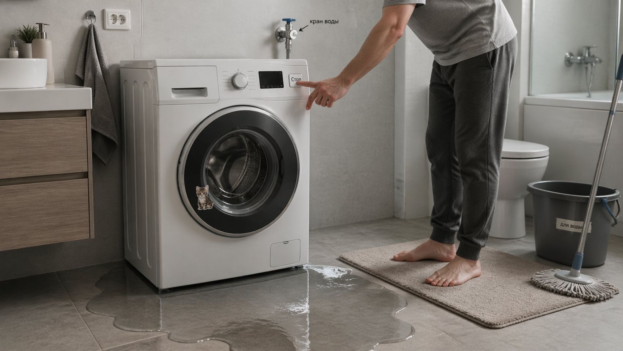 Современная ванная комната в нейтральных тонах, на переднем плане стиральная машина, от которой растекается заметная лужа воды по полу. Человек в домашней одежде стоит на сухом
