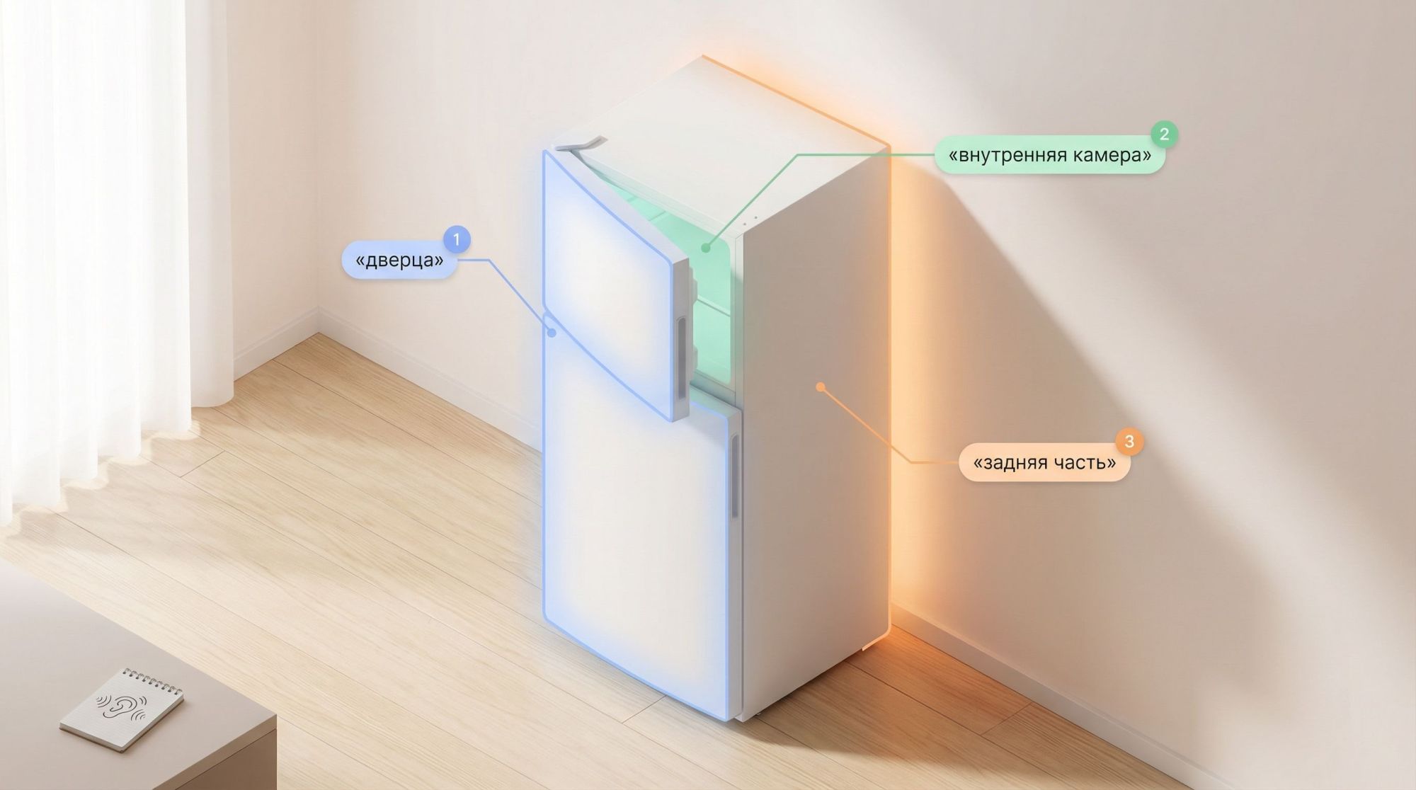 Минималистичная изометрическая сцена с холодильником в комнате. Холодильник показан крупно, без бренда, видна боковая и передняя часть. Вокруг него три крупные цветные