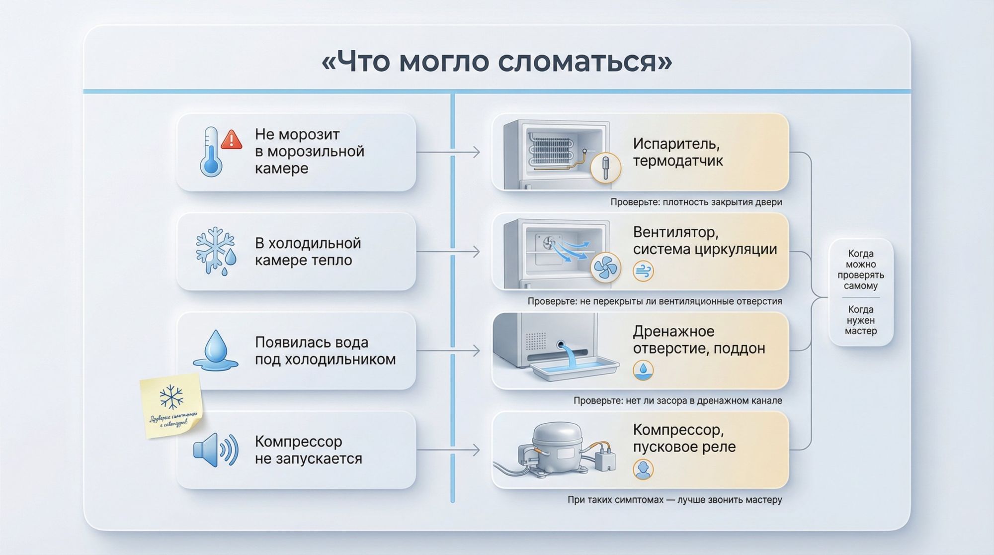 Чистая кухня, на переднем плане обычный двухкамерный холодильник, чуть отодвинутый от стены. Владелец в удобной домашней одежде стоит сбоку с небольшим блокнотом и ручкой, делает