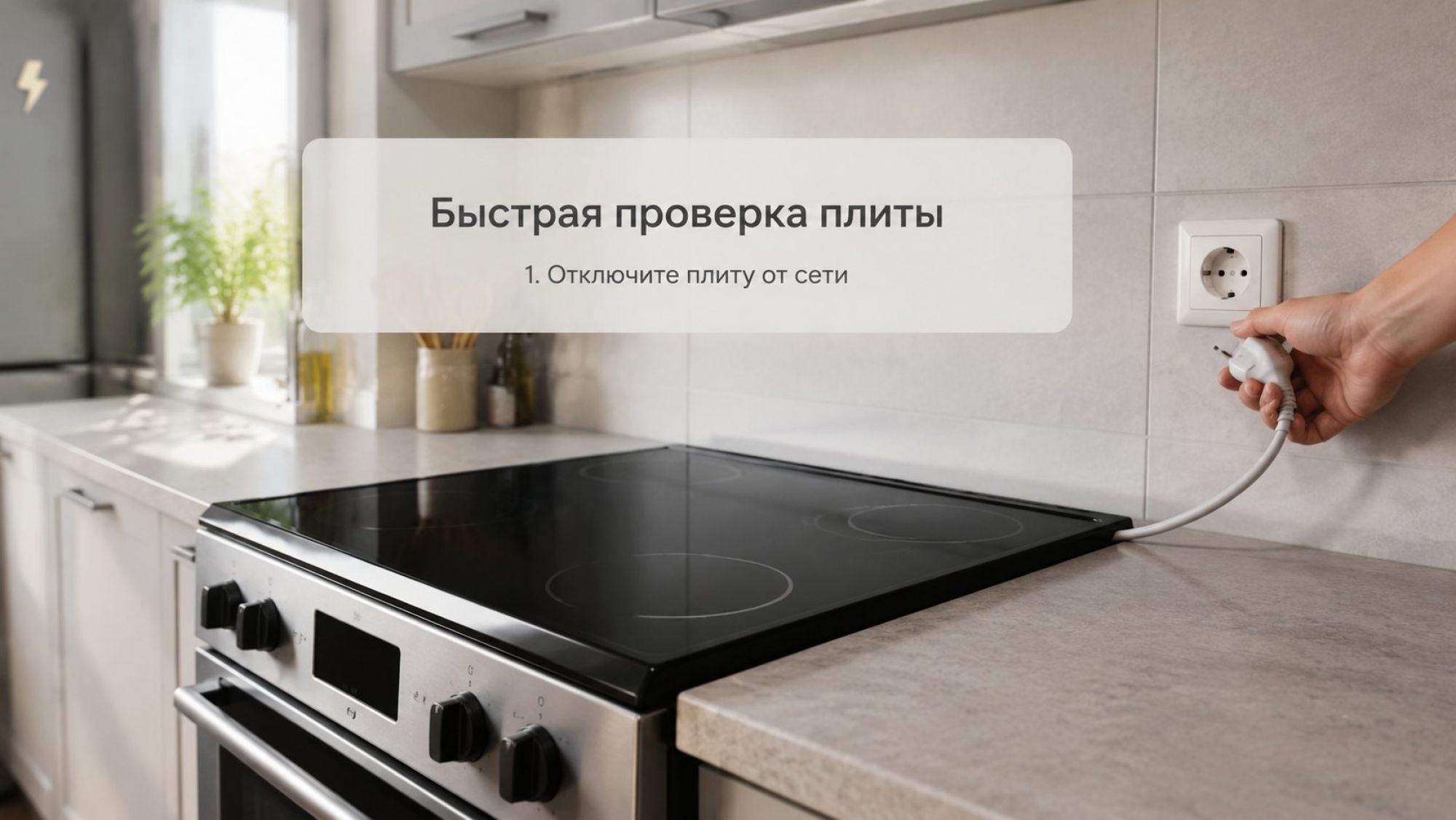 Современная кухня в нейтральных тонах, на переднем плане электрическая плита с гладкой варочной поверхностью. Плита выключена от сети: крупным планом показана рука, которая