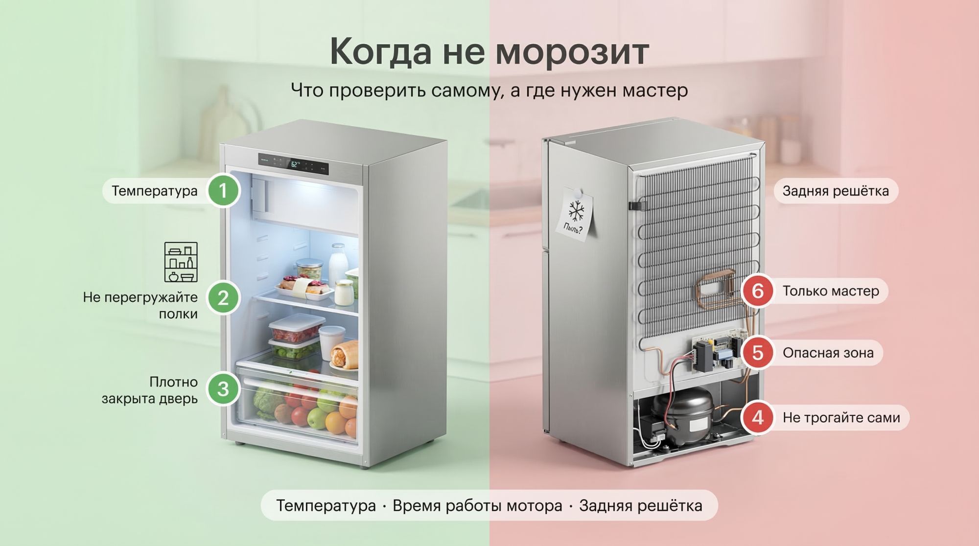 Современный холодильник в разрезе, показанный в аккуратной изометрии. Левая половина — «зелёная зона» с мягким зелёным фоном, правая — «красная зона» с лёгким красноватым фоном