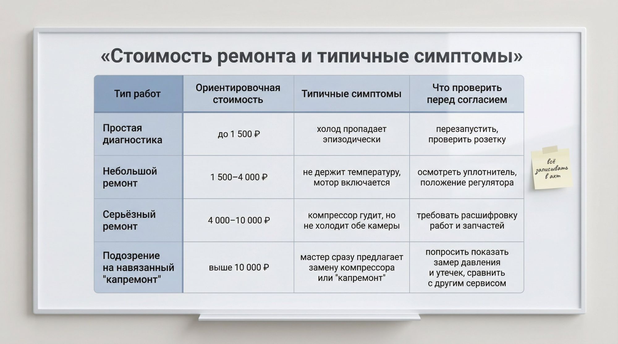 Инфографика в виде аккуратной таблицы‑матрицы на светлом фоне, без лишних деталей. Вверху крупный заголовок: «Стоимость ремонта и типичные симптомы». Ниже таблица из четырёх строк