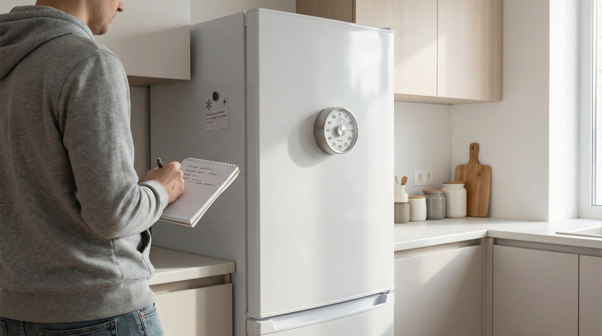 Небольшая аккуратная кухня в современном стиле, в центре — стандартный белый холодильник без брендинга. На переднем плане человек в домашней одежде (без лица, смещен влево, видно