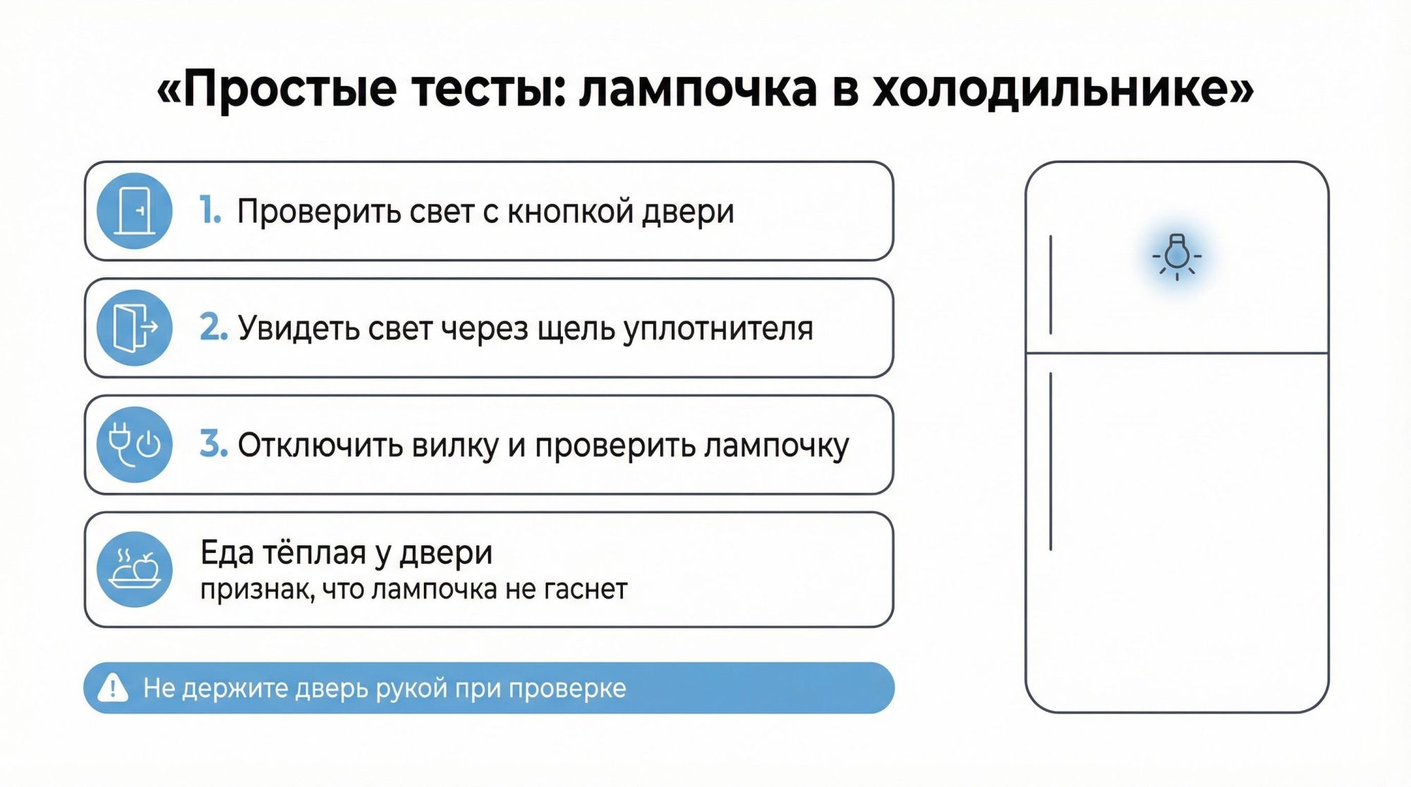 Вертикальная инфографика в виде простого чек-листа «Простые тесты», с минималистичным рисунком холодильника справа. Слева четыре нумерованных блока, каждый в светлой карточке с