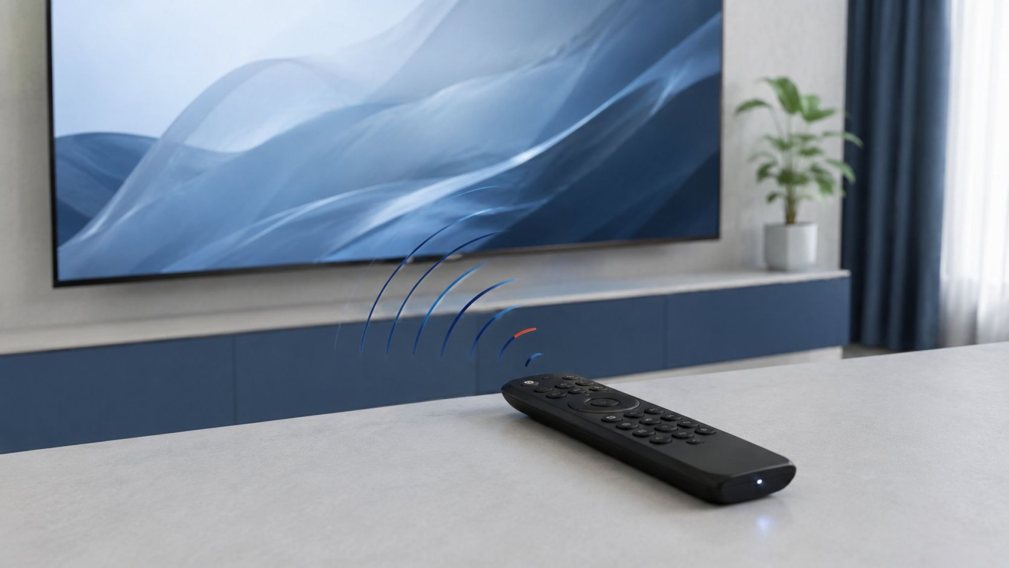 Реалистичная коммерческая сцена в стиле Iceberg: на светлом столе лежит пульт Smart TV с маленьким мигающим светодиодом, рядом включённый телевизор на нейтральной светло-серой