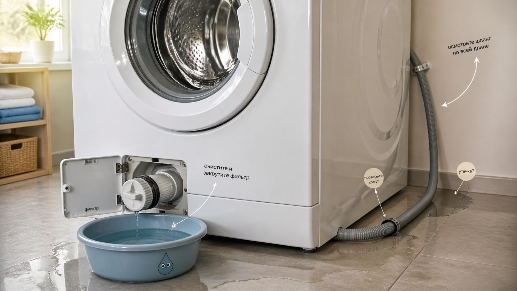 Современная стиральная машина показана в легкой перспективе спереди и чуть сверху. На передней нижней панели слева — небольшой прямоугольный лючок фильтра, открыт. Из лючка