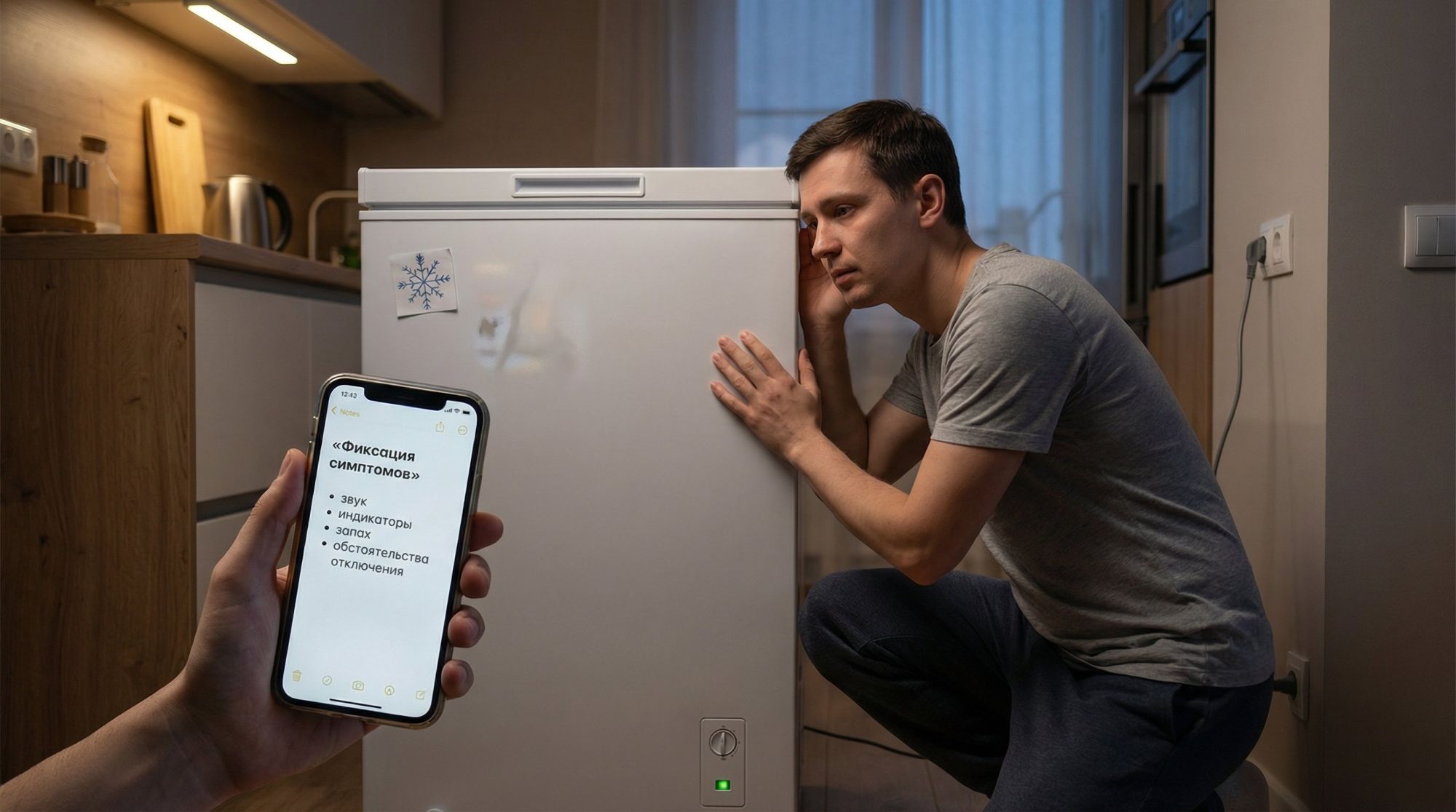 Современная кухня в полутени, в центре — напольная морозильная камера. Рядом человек в домашней одежде слегка присел и внимательно прислушивается к морозилке: одна рука на