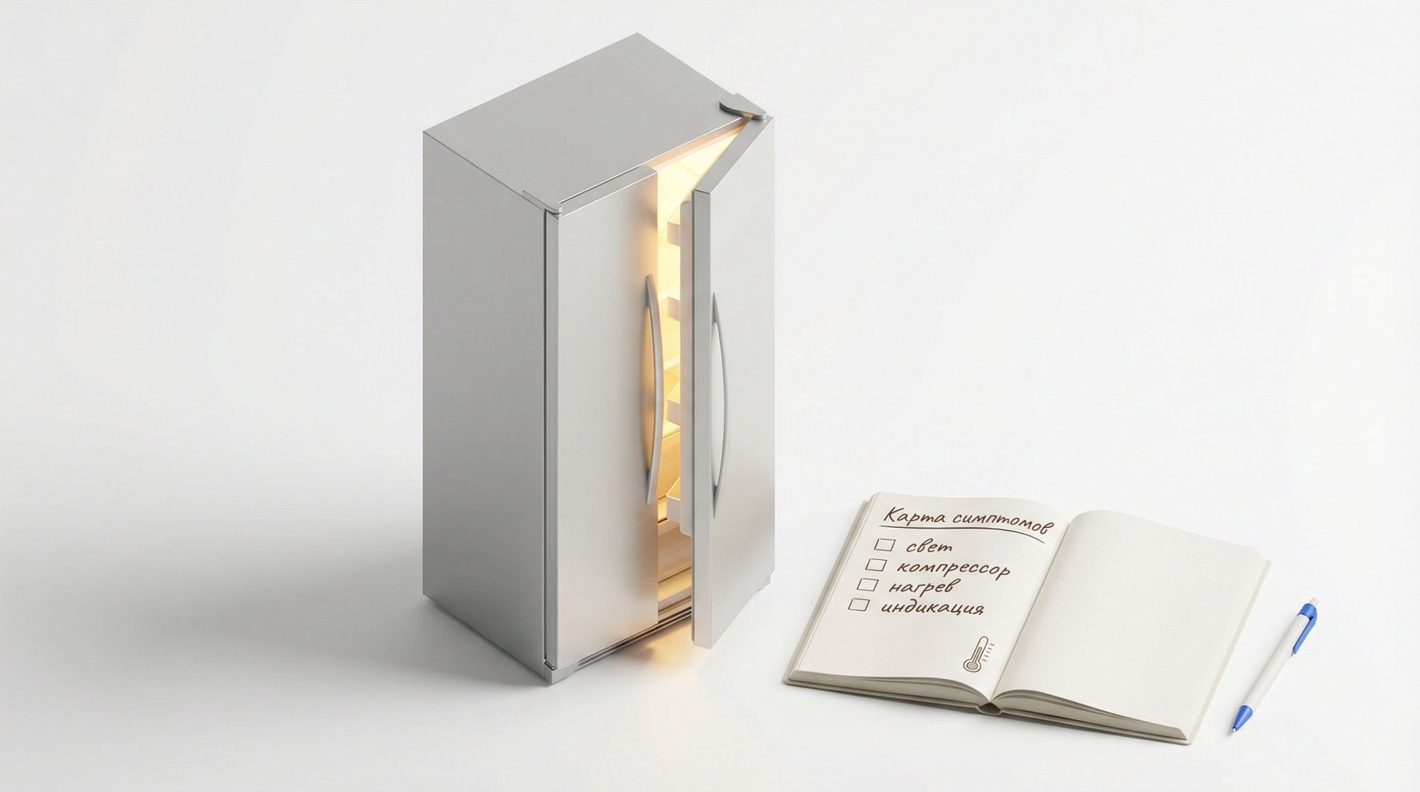 Горизонтально разделённая на два блока картинка «Когда обе камеры теплеют». Вверху заголовок по центру: «Почему сразу тёплые и холодильник, и морозилка?». Под ним два равных