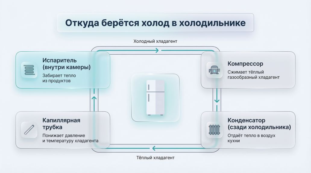 Плоская упрощённая схема цикла хладагента в виде замкнутого прямоугольного контура вокруг пиктограммы холодильника в центре. По периметру расположены четыре крупных блока с