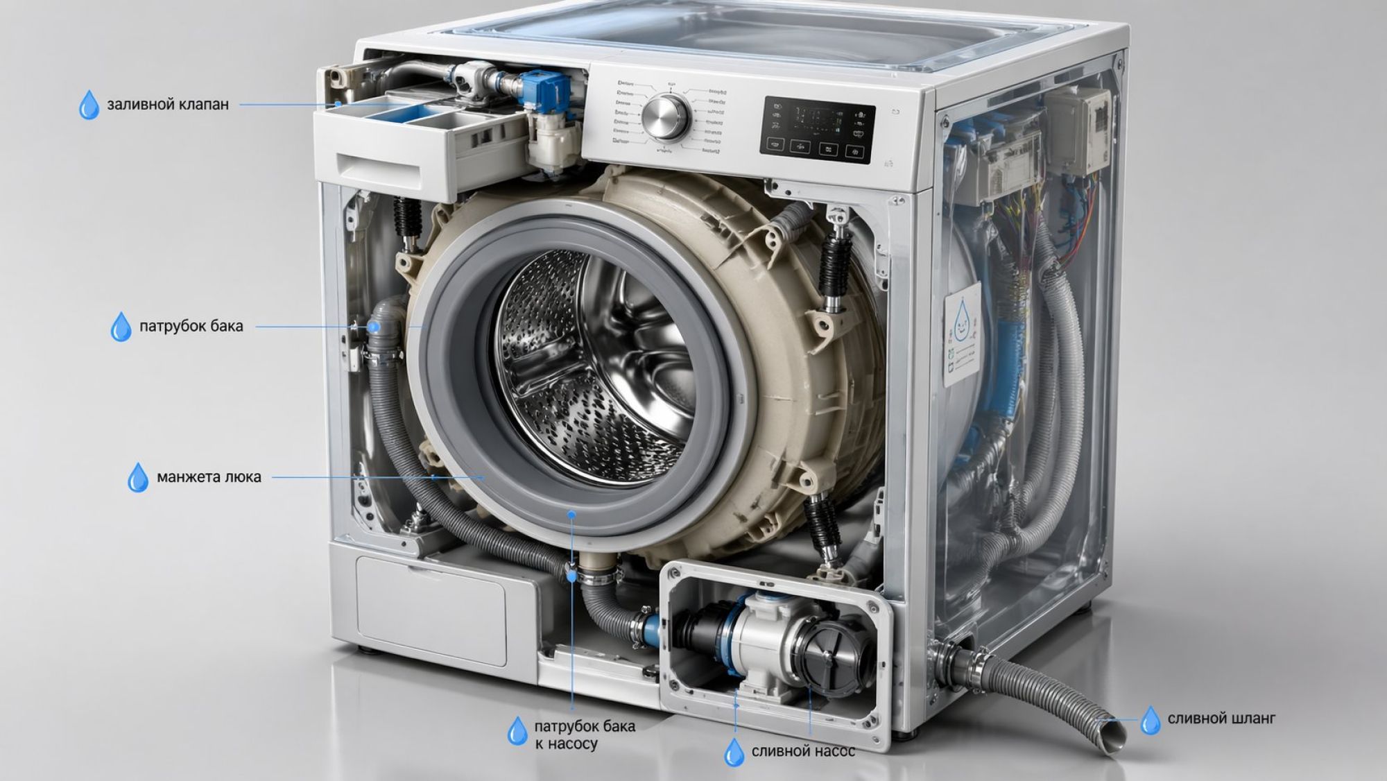 Изометрический разрез фронтальной стиральной машины, показаны основные узлы, откуда чаще всего течет вода. Корпус частично полупрозрачный, чтобы видно было внутренности. У каждого