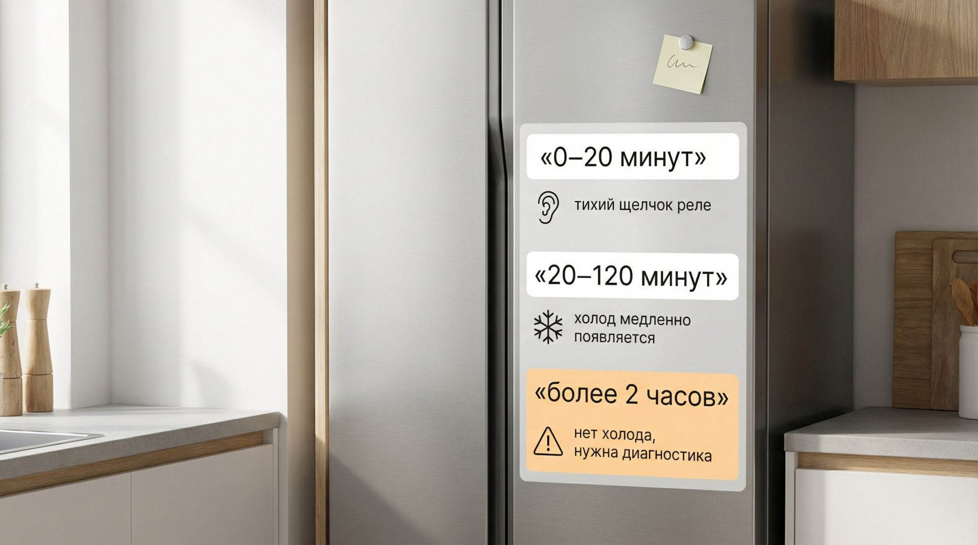 Современная кухня в полуобщем плане, в центре — холодильник без видимого бренда. На дверце крупная вертикальная наклейка‑шкала времени, визуально разделённая на три зоны с простой