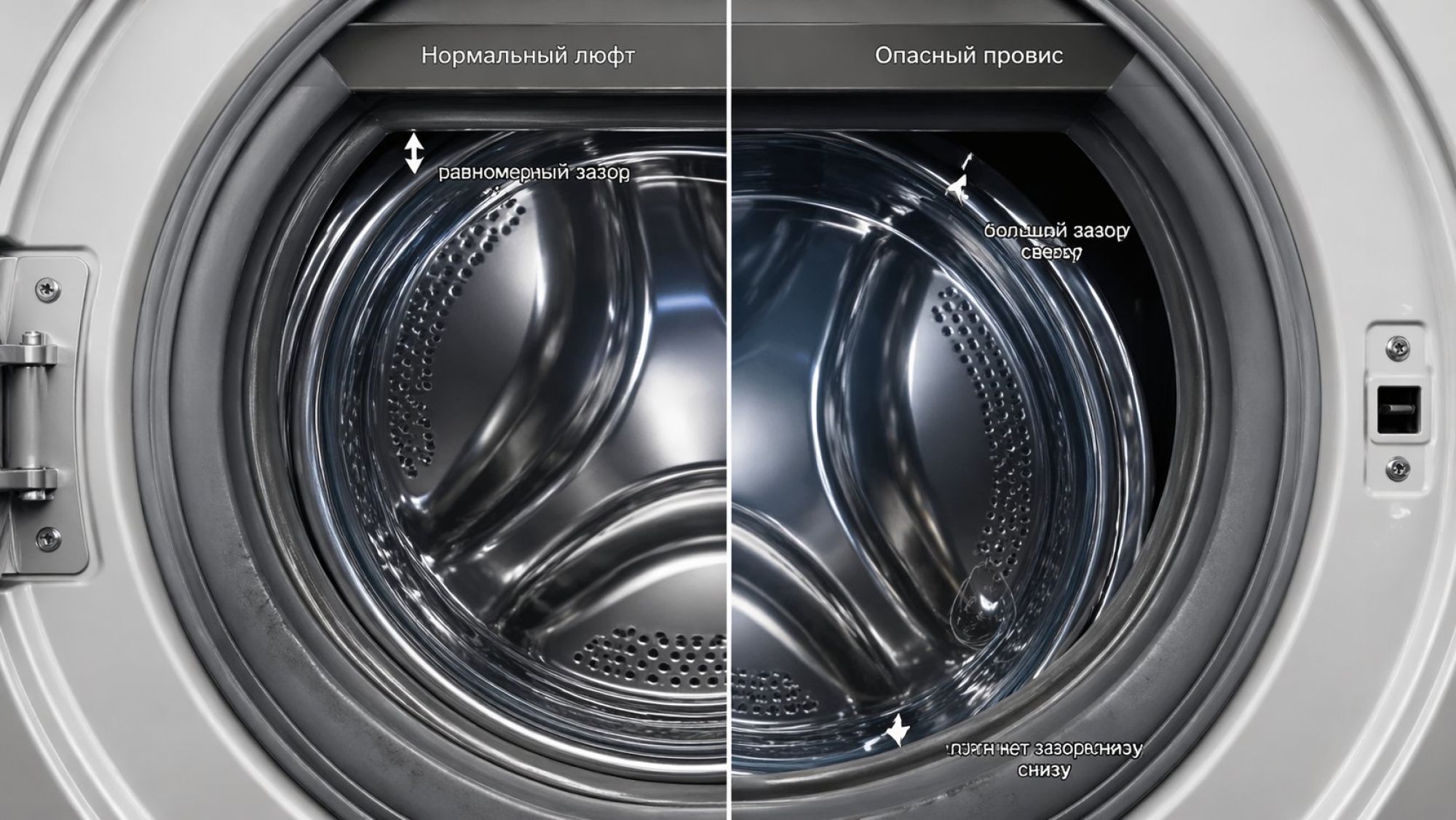 Крупный вид фронтального люка стиральной машины в разрезе: виден металлический край барабана и резиновая манжета вокруг. Изображение разбито на две половины по вертикали. Слева