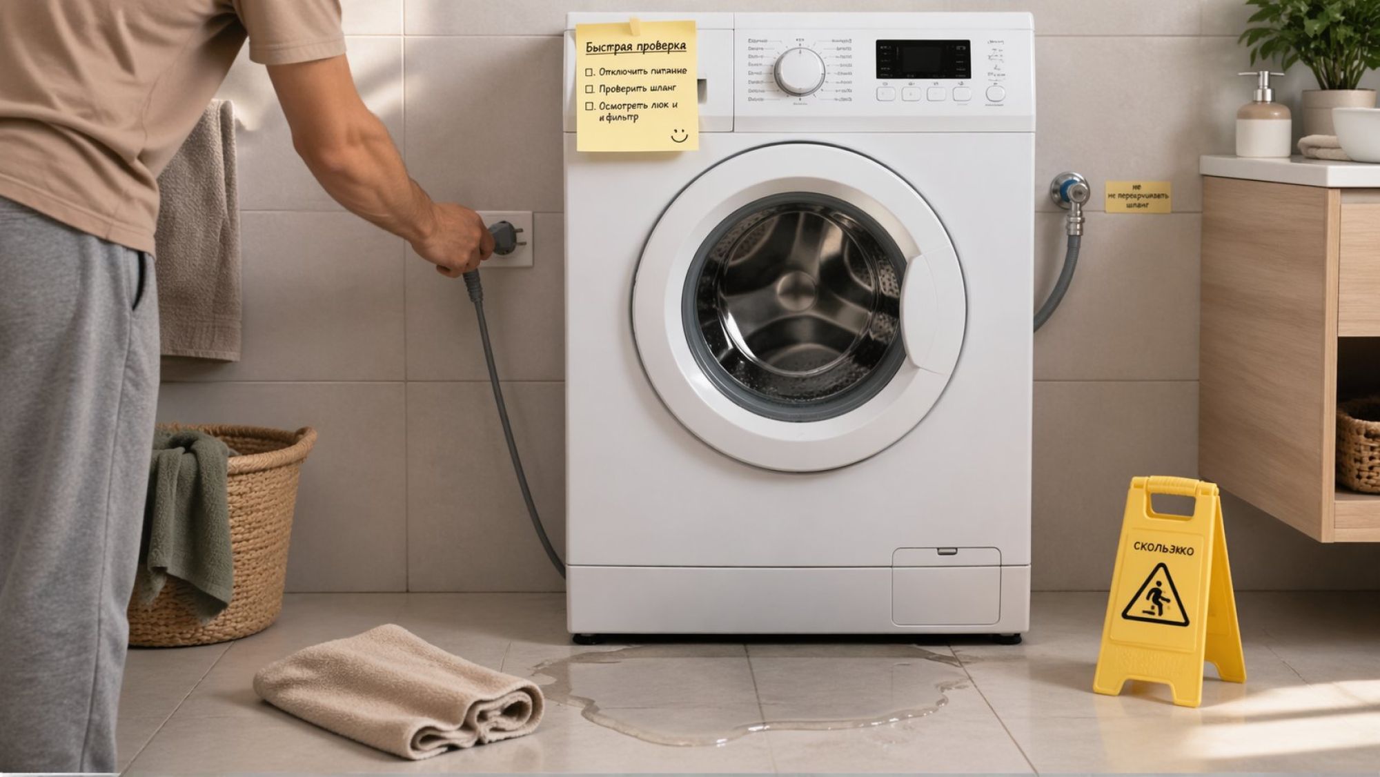 Современная ванная комната, в центре — стиральная машина, вокруг небольшой беспорядок после стирки. На полу перед машиной видна небольшая лужица воды, рядом лежит свернутое